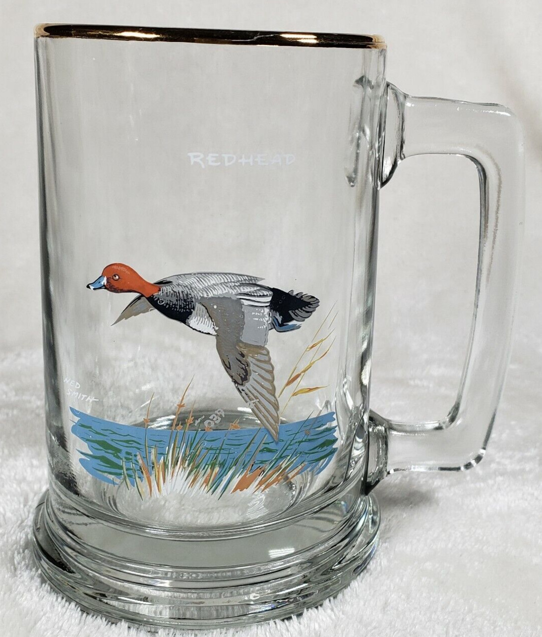 Vintage Ned Smith Signed Numbered Beer GLASS Stein REDHEAD DUCK Gold Rim