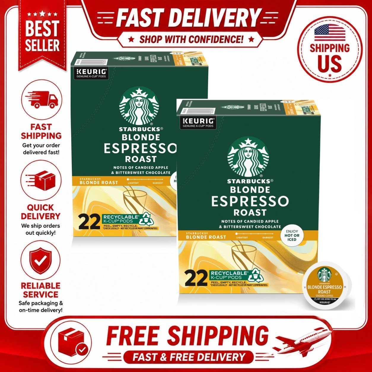 2 Pack Starbucks Blonde Espresso Roast Keurig K-Cup Coffee Pods 22ct (44 Pods)