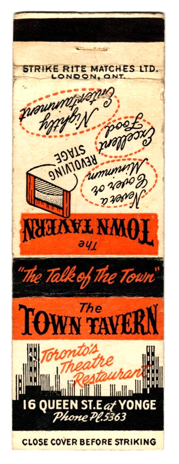TOWN TAVERN matchbook matchcover - JAZZ - TORONTO, CANADA - HISTORIC TOWN TAVERN matchbook matchcover - JAZZ - TORONTO, CANADA - HISTORIC