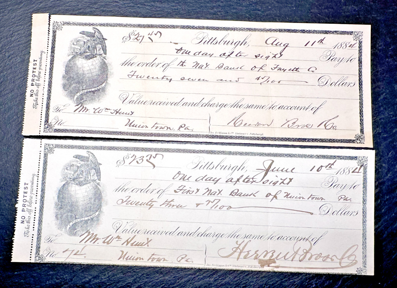 TWO ANTIQUE 1884 PITTSBURGH PA ILLUSTRATED CHECKS WITH EAGLE ON GLOBE IMAGE FP69