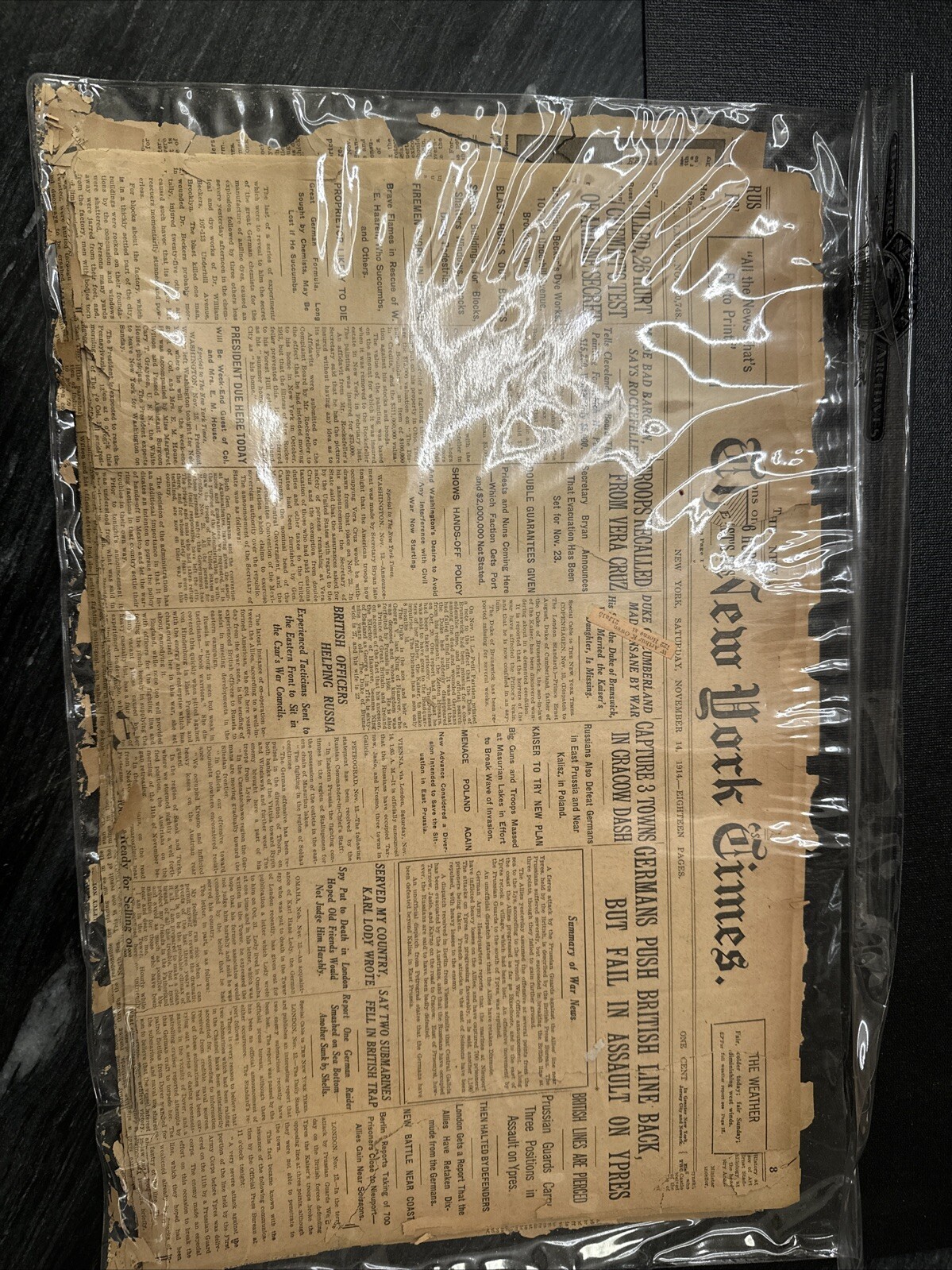 New York Times November 14,1914 Newspaper Very Brittle Piece Of History 