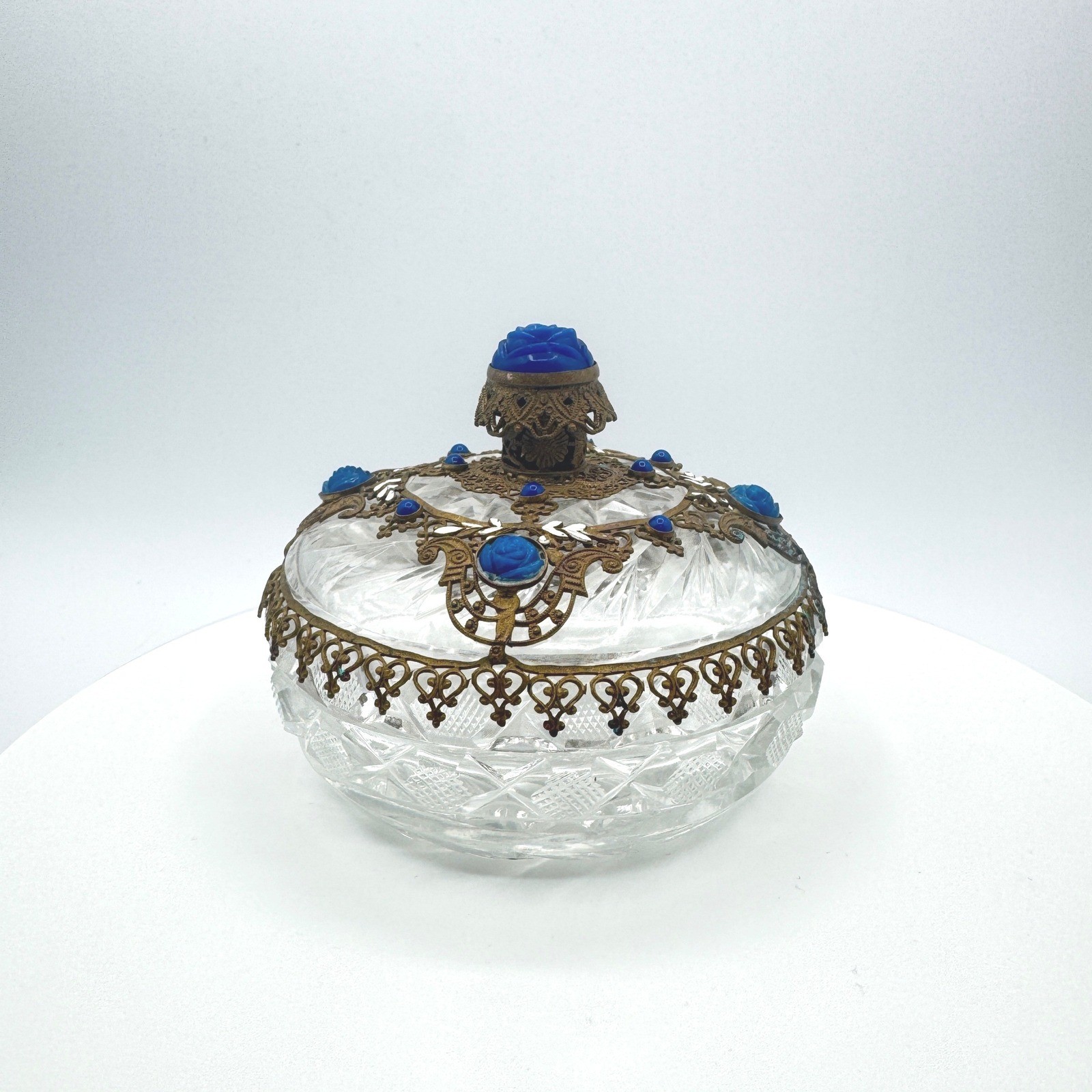 Vintage Cut Crystal Trinket Box Blue Rose Filigree Brass Overlay Jewelry Dish