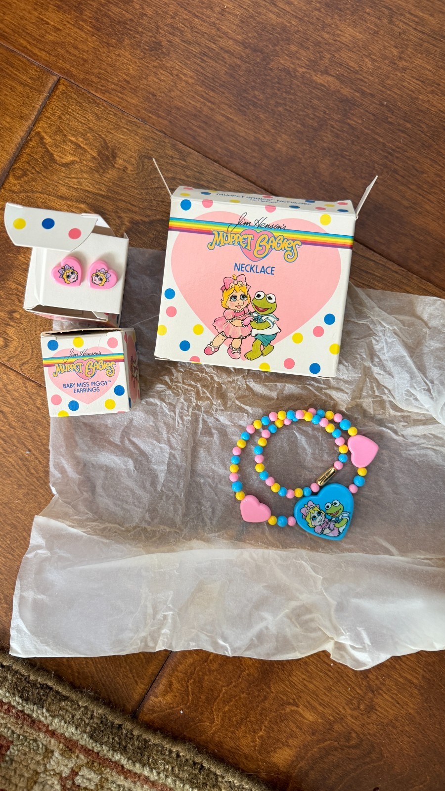 1987 Jim Henson’s Muppet Babies Miss Piggy NIB Necklace, Two Pair Earrings