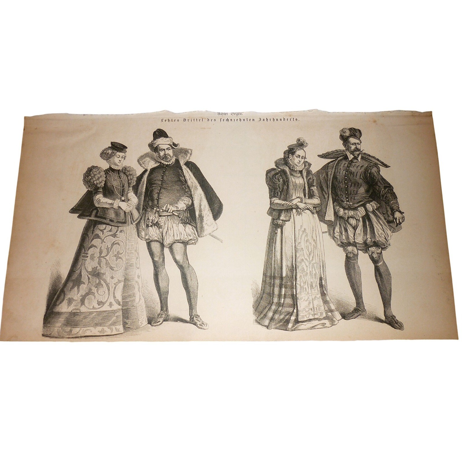 Antique 16th Century German Fashion Costume Plate Print Renaissance Woodcut Art