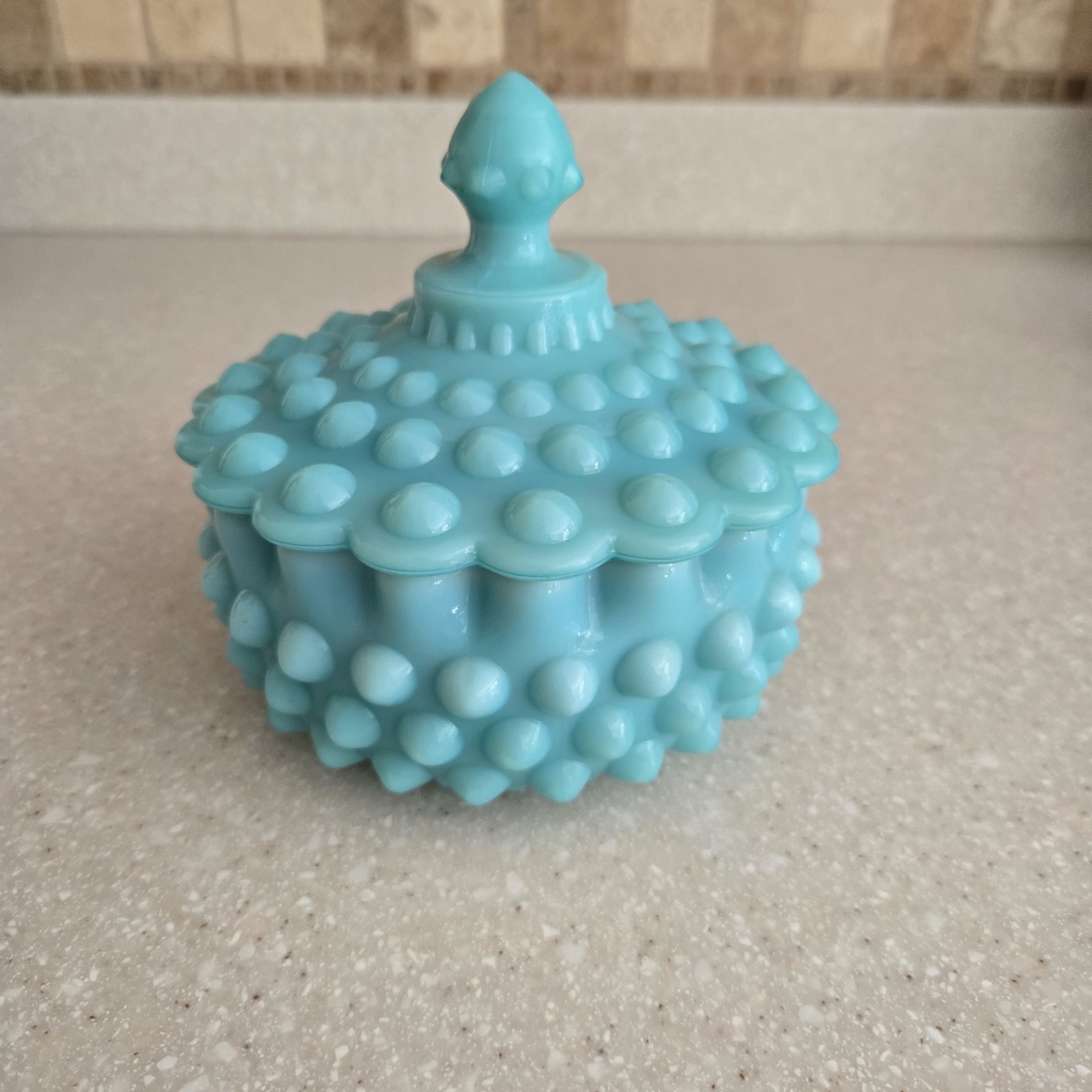 Rare Vintage 1950's Fenton Blue Turquoise Hobnail Lidded Powder Jar Candy Dish