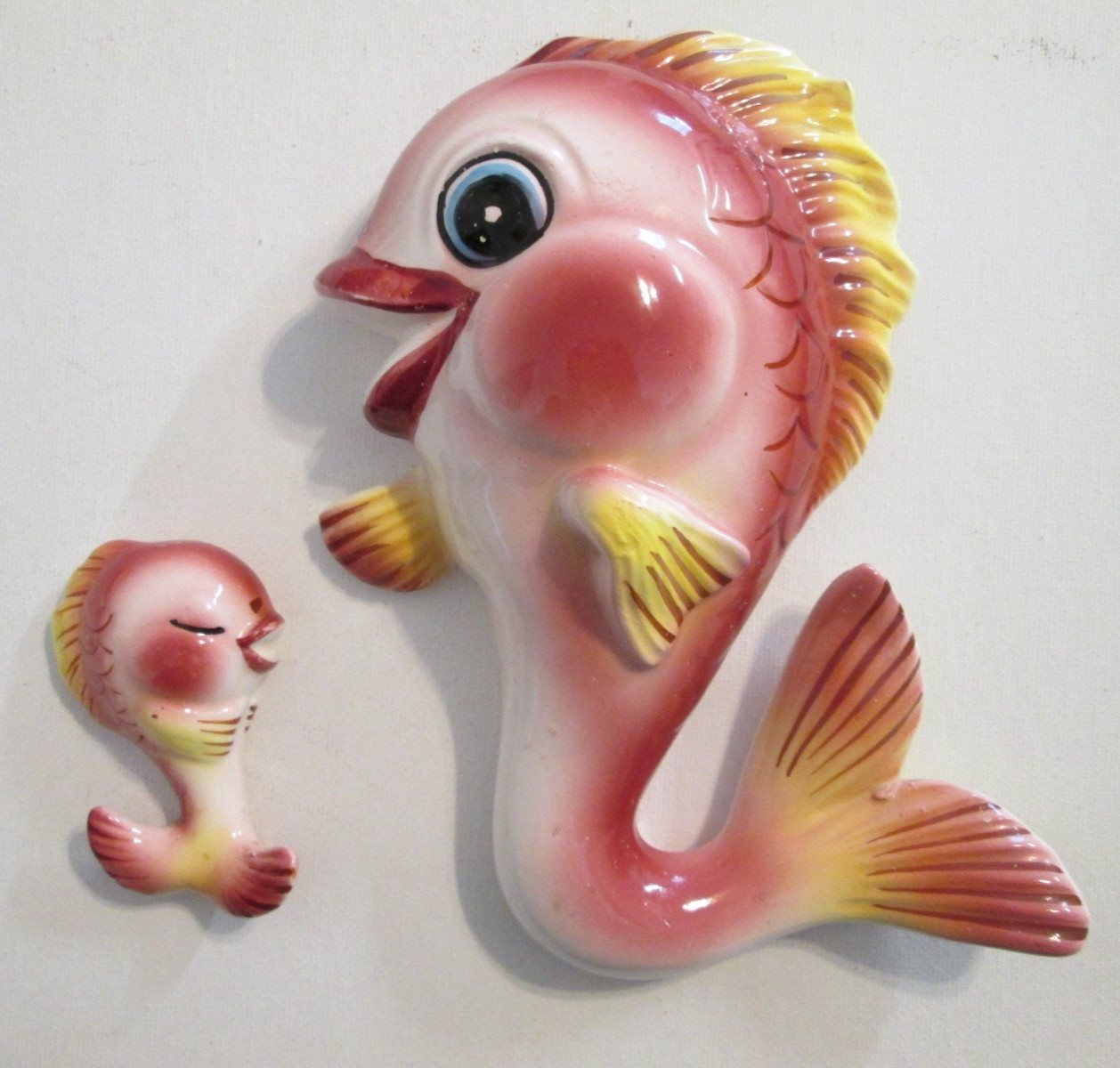 Vintage MCM Lefton Anthropomorphic Pink Fish Ceramic Wall Plaques