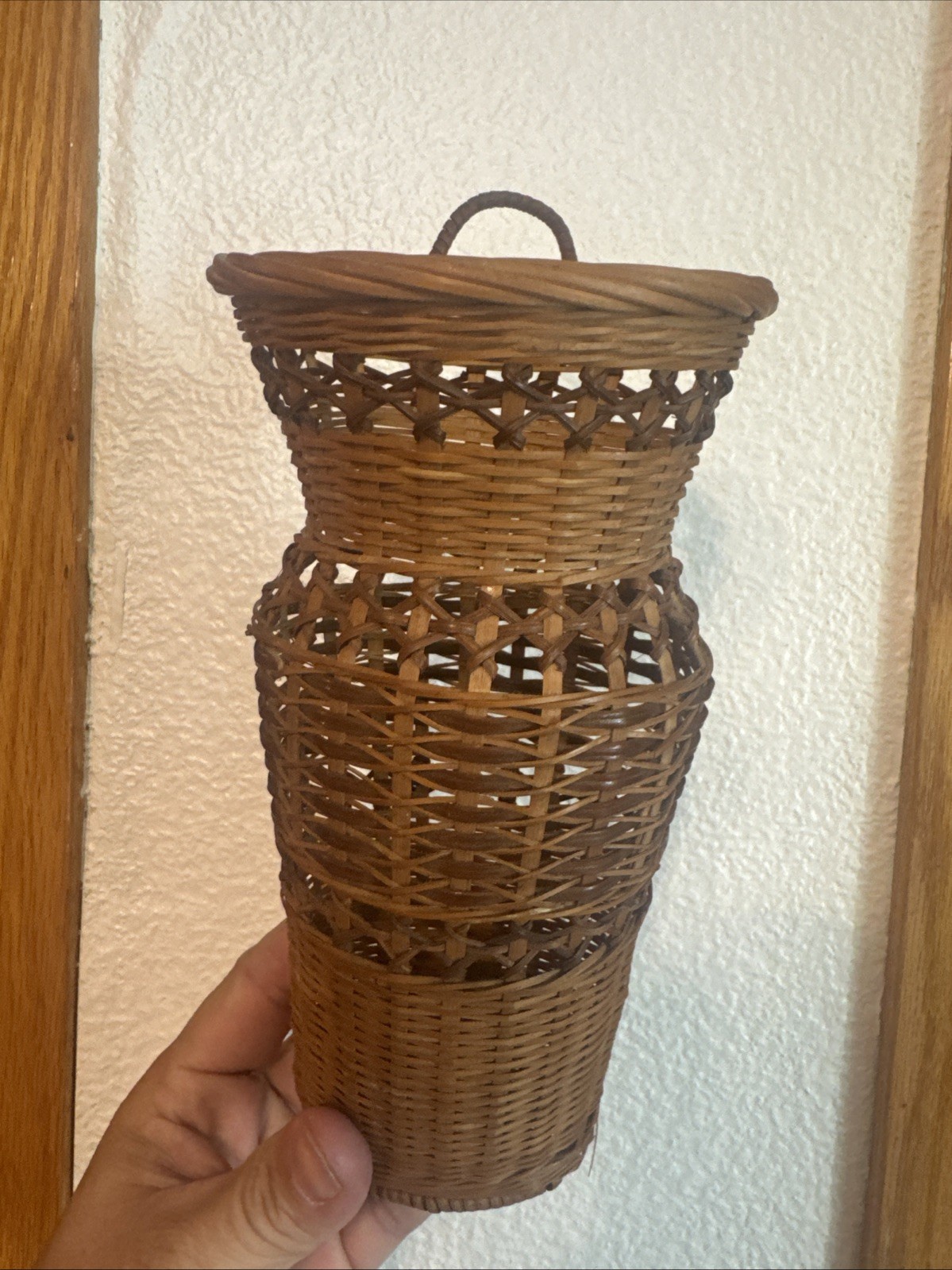 vintage two-toned woven wicker wall pocket basket vintage two-toned woven wicker wall pocket basket