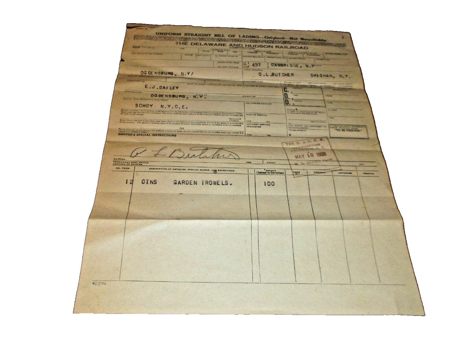MAY 1959 DELAWARE & HUDSON D&H CAMBRIDGE NEW YORK FREIGHT BILL A