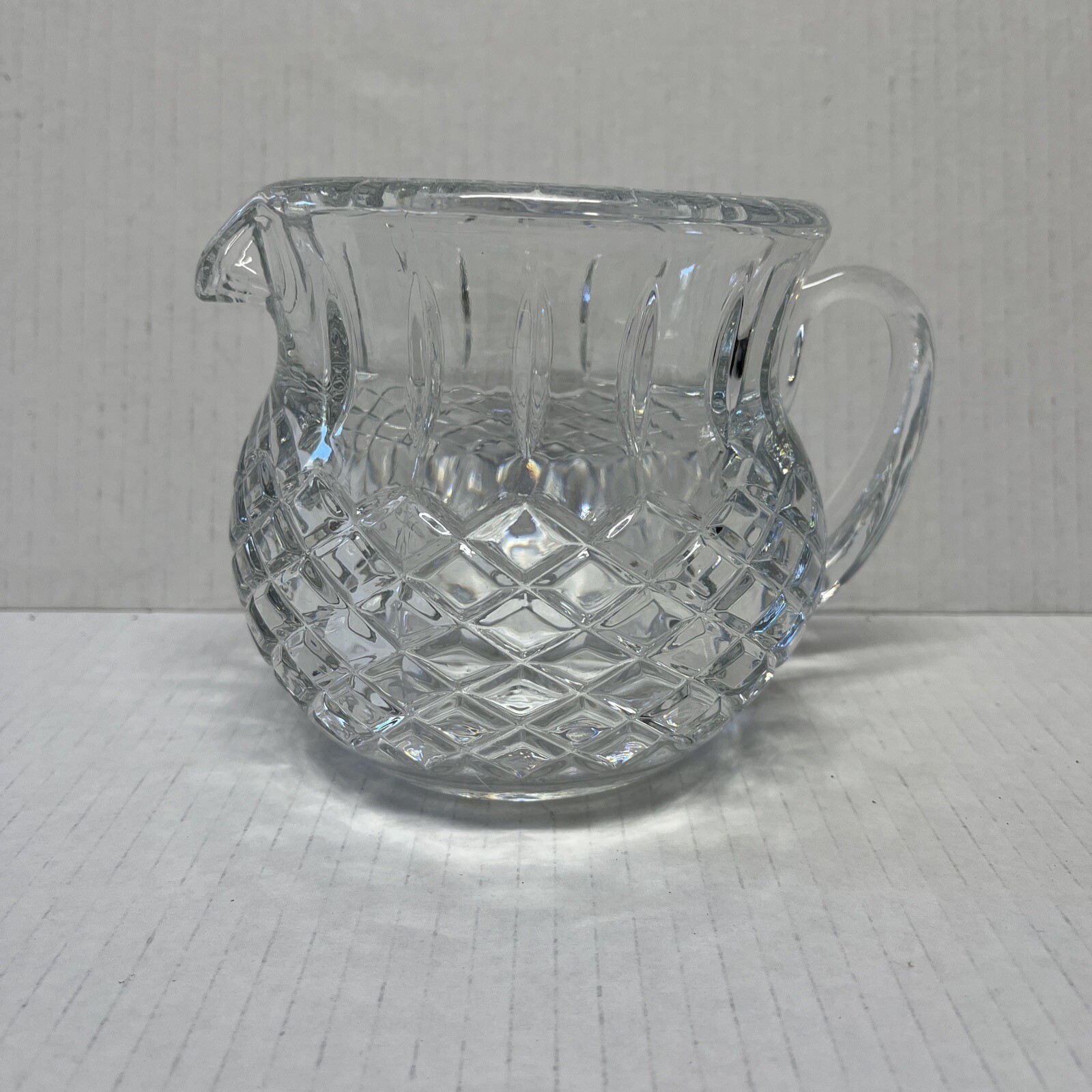 FTD CRYSTAL PITCHER CLEAR CUT GLASS VERTICAL CRISS CROSS LINES 4.5” Tall 20 OZ.