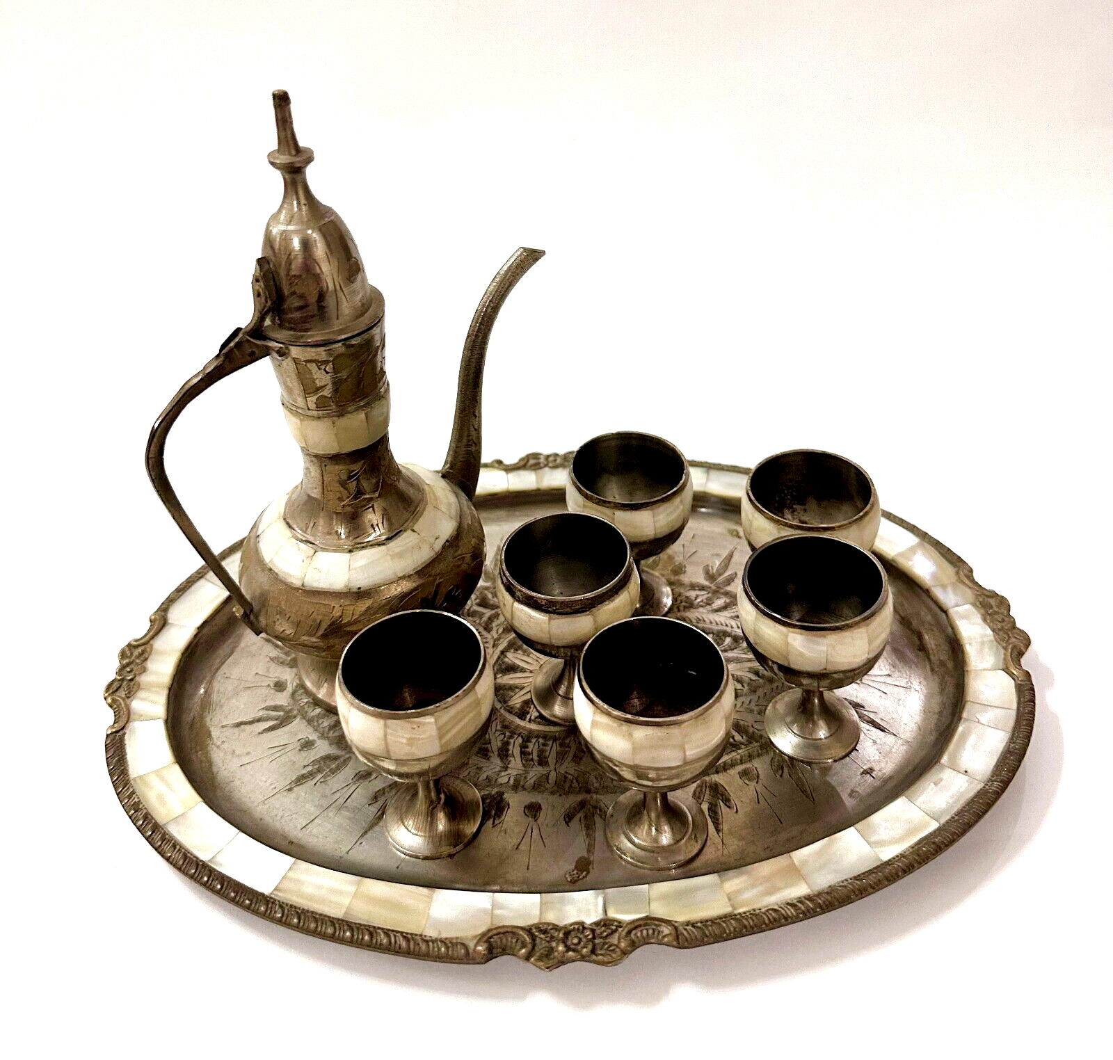 Vintage Hand Crafted Brass Middle Eastern Bone Inlays Engraved Coffee Set of 8