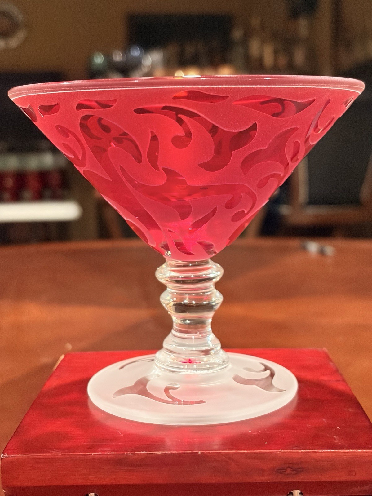 Vtg Michael Weems Elise Ruby Red Frosted Martini Glass Clear Bulbous Stem Signed