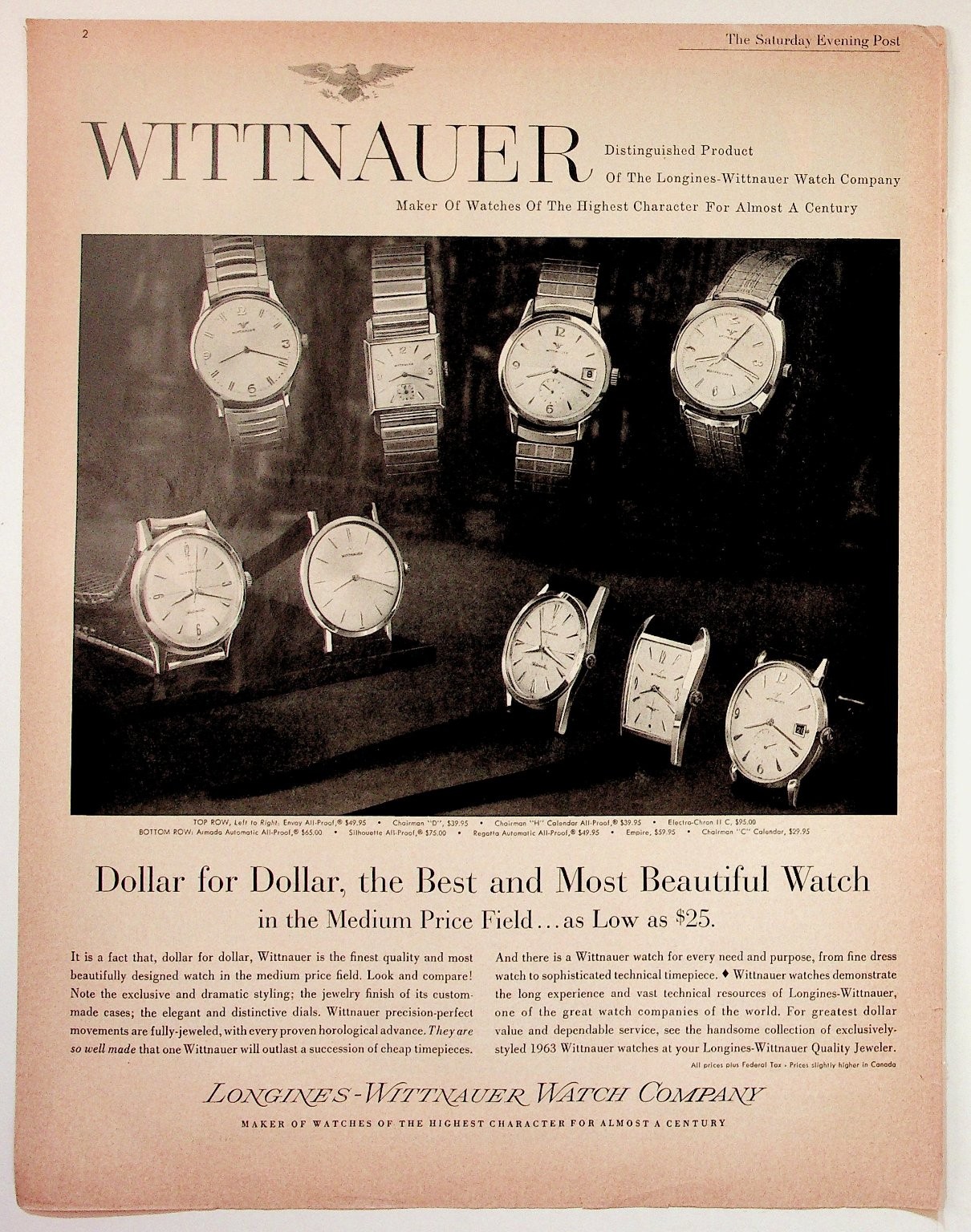 Vintage 1963 Wittnauer Longines Watch Print Ad Saturday Evening Post Ephemera