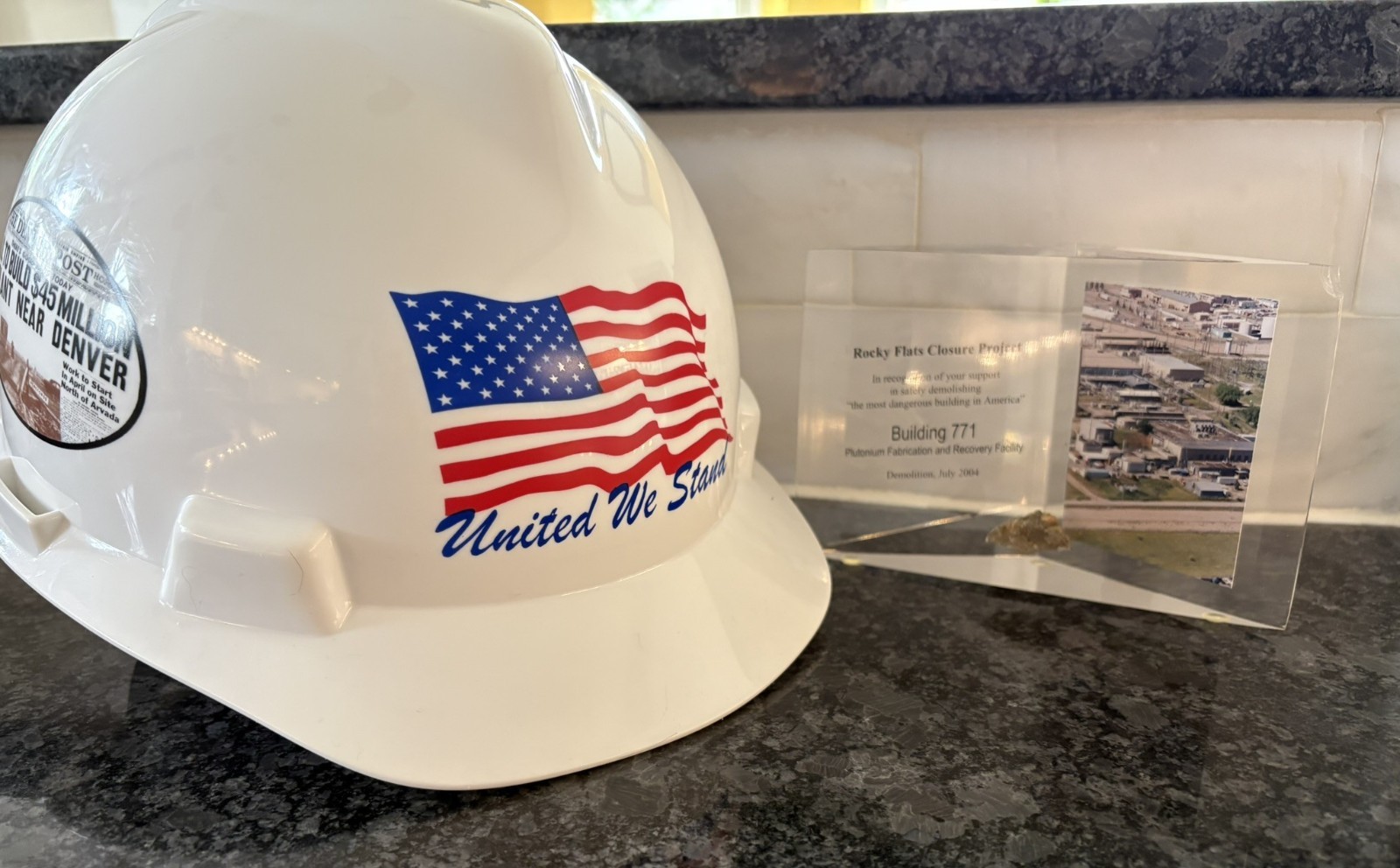 Rocky Flats Building 771 Demolition Artifact (2004) –Acrylic Display Block + Hat