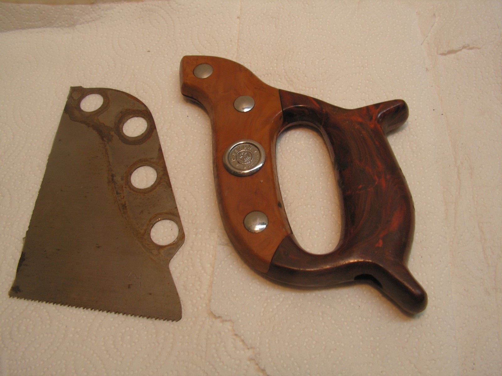 Vintage Disston U.S.A. Plastic Hand Saw Handle with Medallion & Bolts W/PATTERN