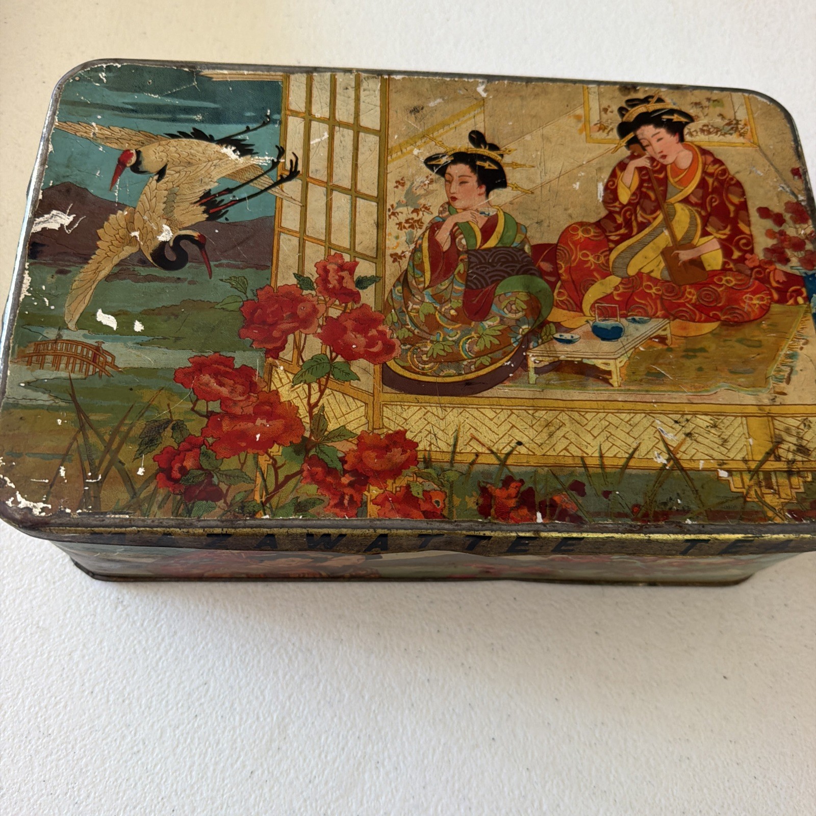 RARE Antique Mazawattee 3lb Advertising Tea Tin Japanese Lithography Graphics