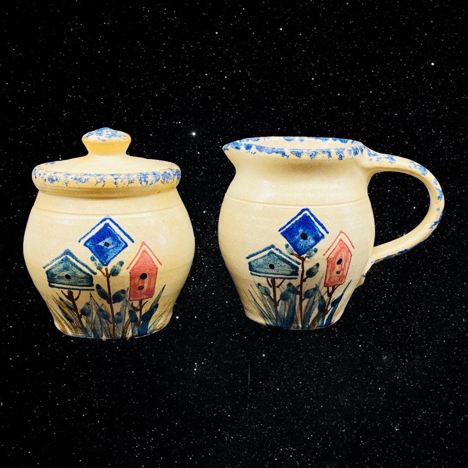 Vintage Spongeware Art Pottery Sugar & Creamer Set Bird House