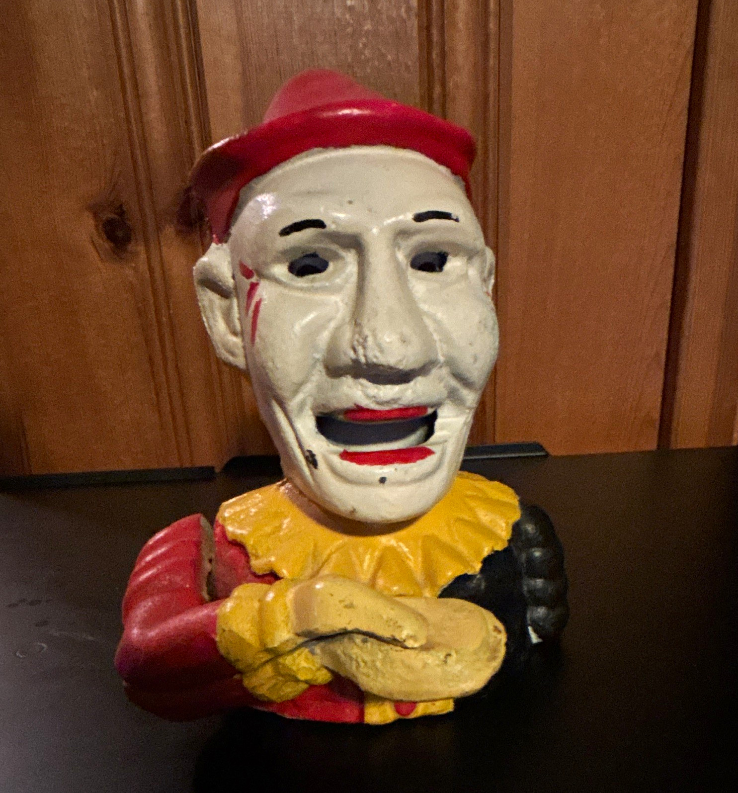 Vintage Cast Iron Character Mechanical Bank Figural Man Bust Red Hat Collar