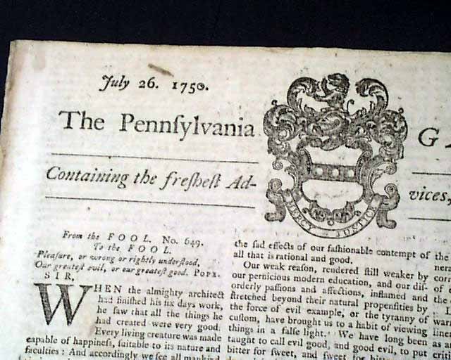 Rare Very Famous BENJAMIN FRANKLIN Pennsylvania Gazette July 26, 1750 Newspaper