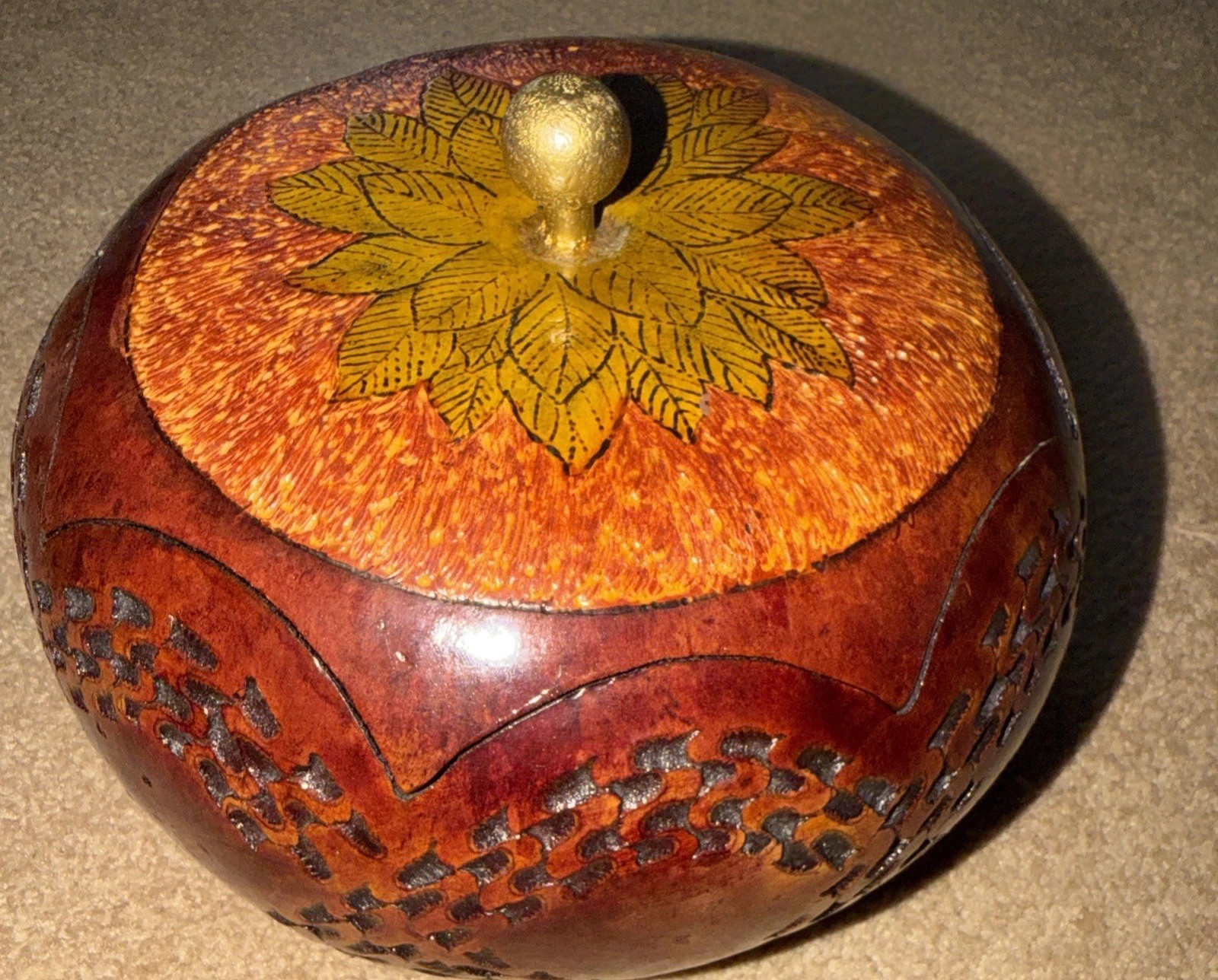 Hand Carved  Gourd Signed & Dated Laquered Large BOHO Home Decor Folk Art