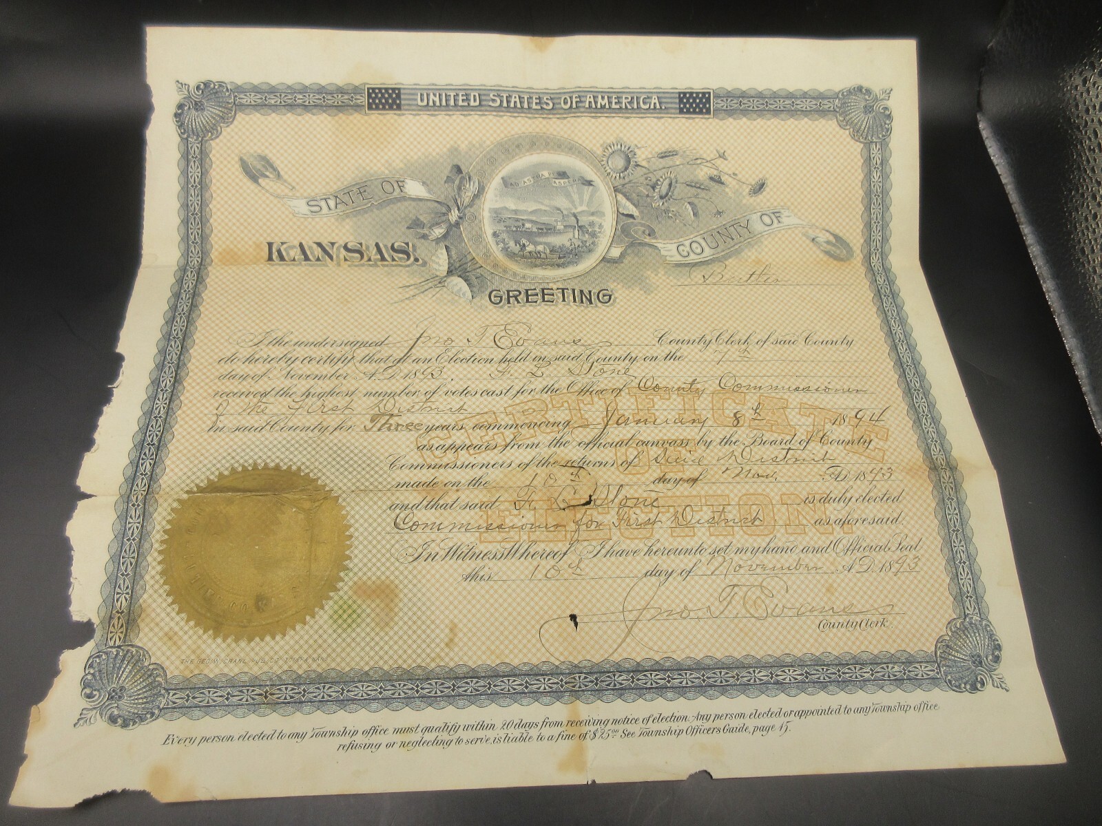 Antique 1893 Legal Certificate of Election Butler County, Kansas