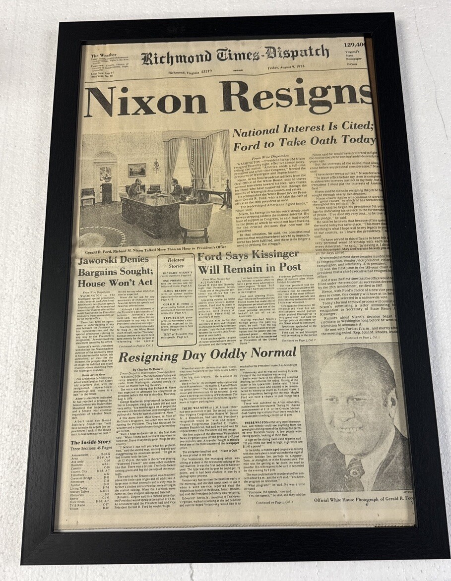 President Nixon RESIGNS Framed Richmond Times Dispatch NewsPaper August 9, 1974 President Nixon RESIGNS Framed Richmond Times Dispatch NewsPaper August 9, 1974