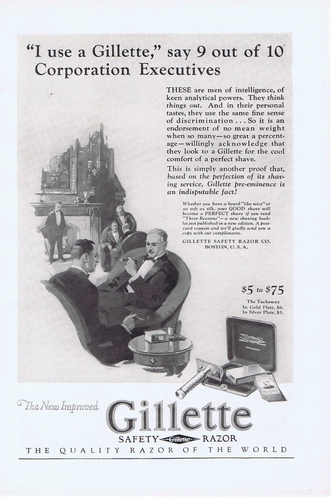 1926, 1929, & 1935 Original Ads - GILLETTE SAFETY RAZOR CO., BOSTON, MA - 3 ADS
