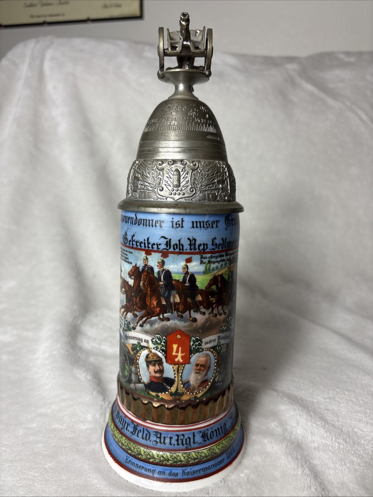Bavarian Regimental Stein 4th Field Artillery 1910 Shell Lid Cannon Lithophane
