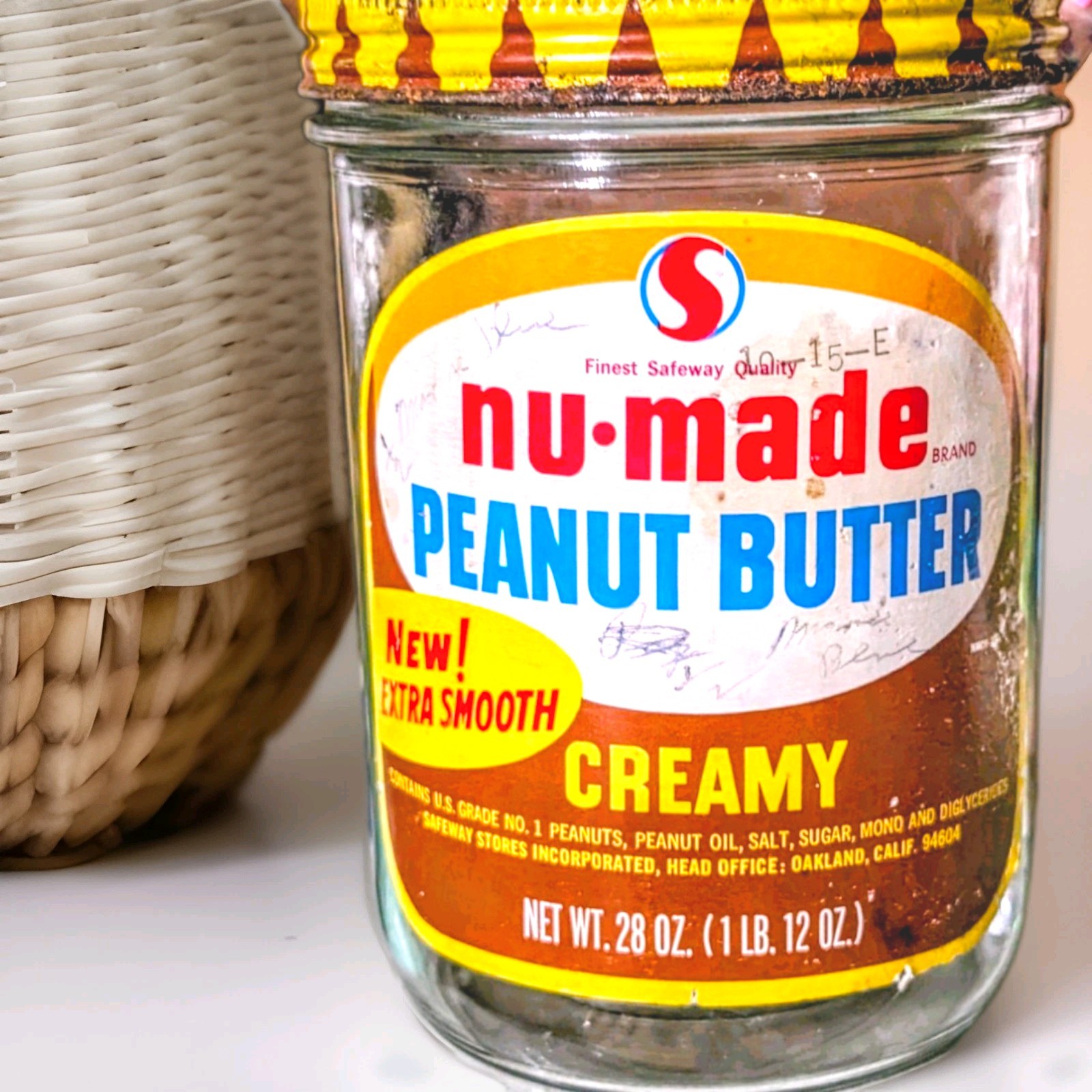 Vtg 1960s Safeway NU-MADE Creamy PEANUT BUTTER Glass Jar Paper Label Lid Oakland