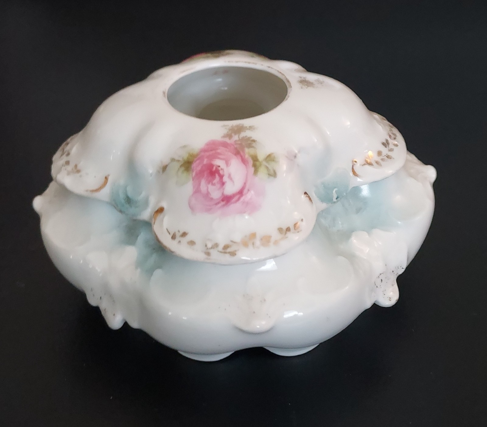 Antique RS Prussi Porcelain Hair Receiver -  Hand Painted Pink Roses - Mold 22