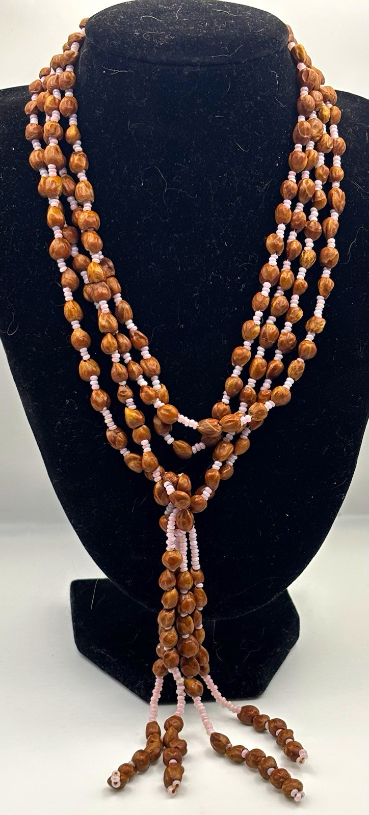Authentic Navajo Ghost Bead Lariat Tassel Necklace – Juniper Berry & Pink Glass