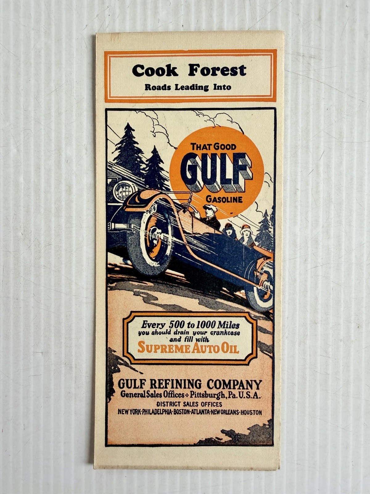 Vintage 20s-30s Gulf Refining Map, Roads Leading Into Cook Forest, PA, OH, NY