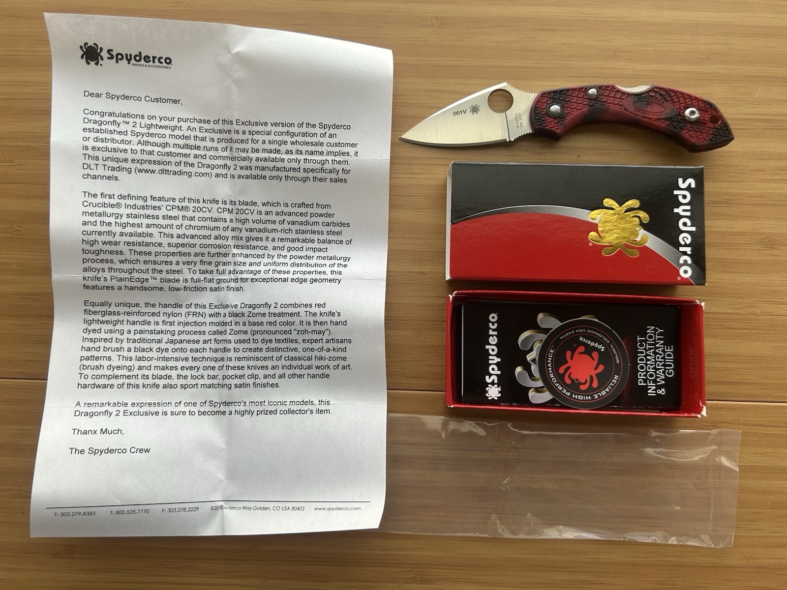 Spyderco #001V DLT Trading Dragonfly 2 C28ZFPRDBK2 - Red / Blk Zome - Satin 20CV