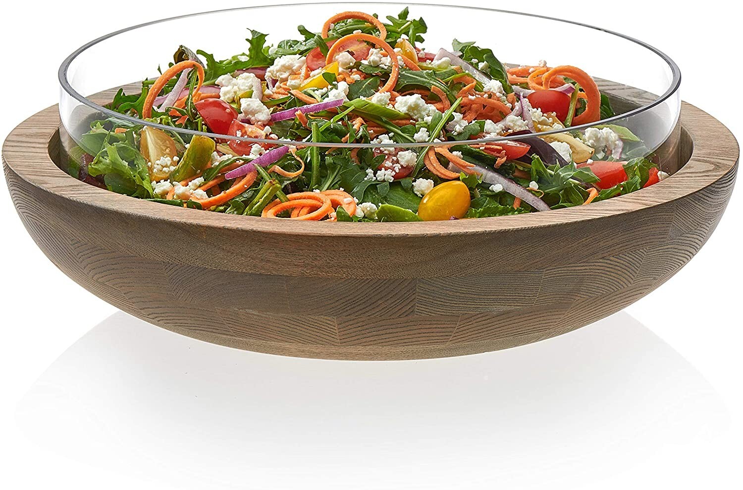 LARGE 12-INCH LIBBEY PROLOGUE GLASS & WOOD SALAD SERVING NESTING BOWL SET NEW LARGE 12-INCH LIBBEY PROLOGUE GLASS & WOOD SALAD SERVING NESTING BOWL SET NEW