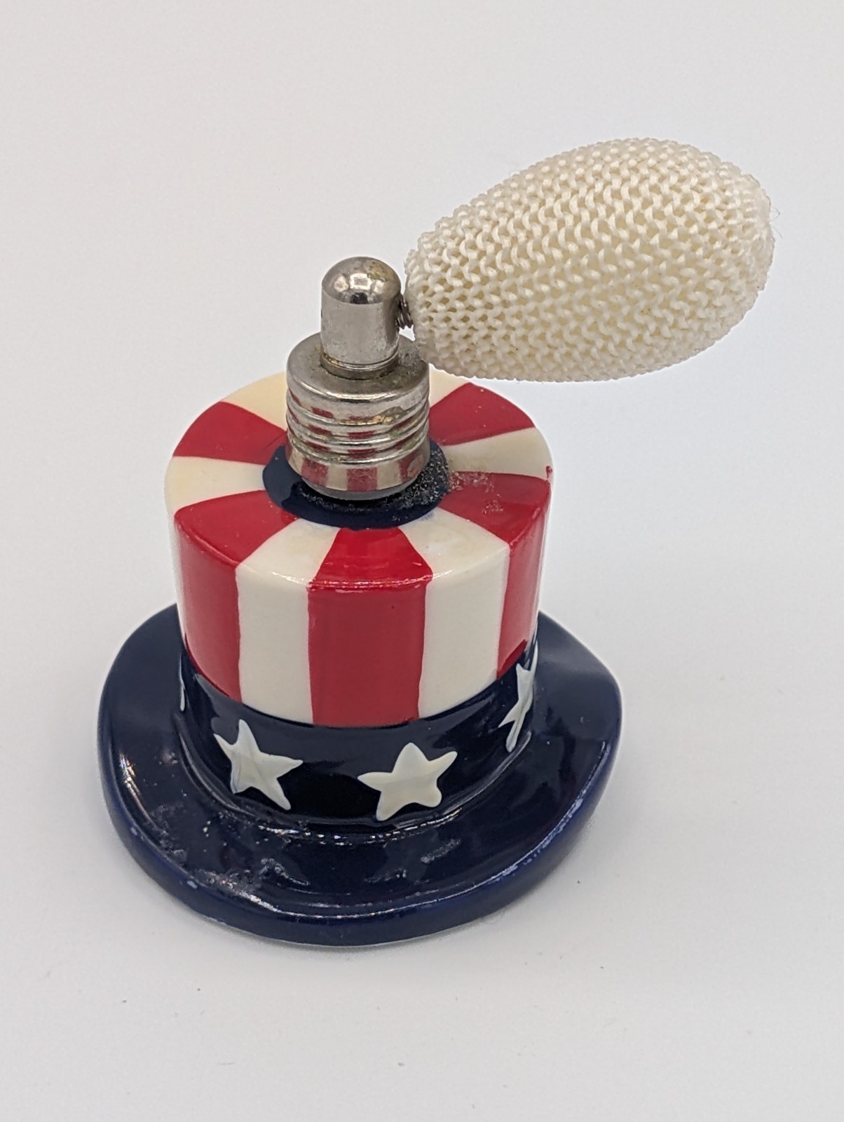 Vintage Patriotic Mini Ceramic Uncle Sam Top Hat Perfume Bottle Atomizer OOAK