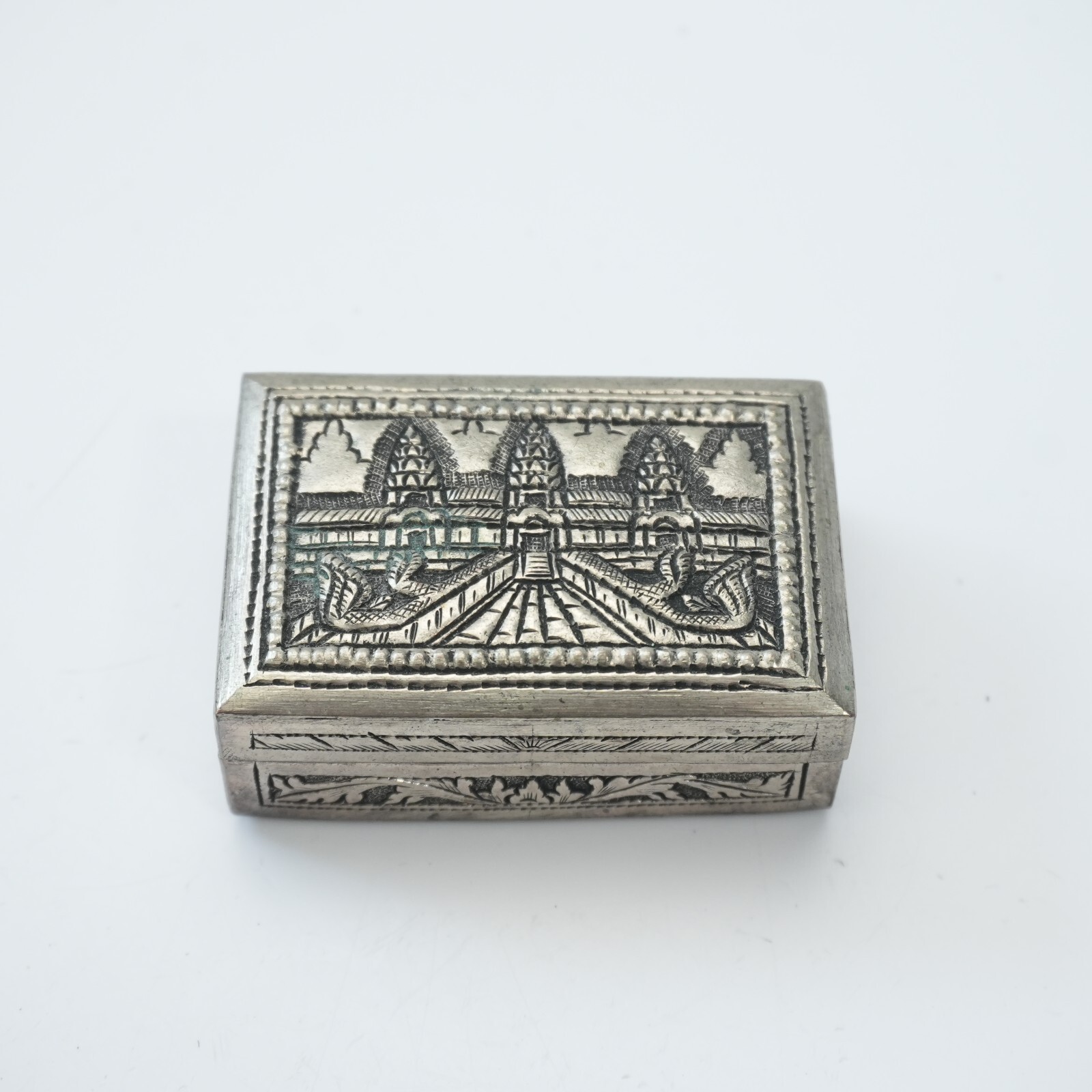 Vintage Cambodian Angkor Wat Temple Repousse silver Thom trinket Box Vintage Cambodian Angkor Wat Temple Repousse silver Thom trinket Box