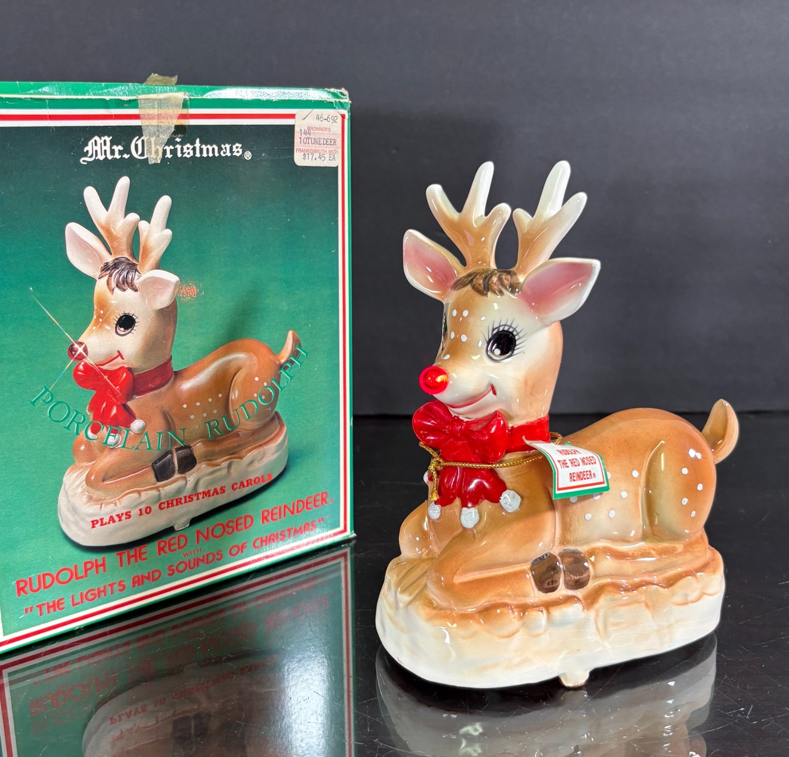 Vtg 1982 MR CHRISTMAS Porcelain RUDOLPH Rednosed Reindeer Music Flash Red Nose
