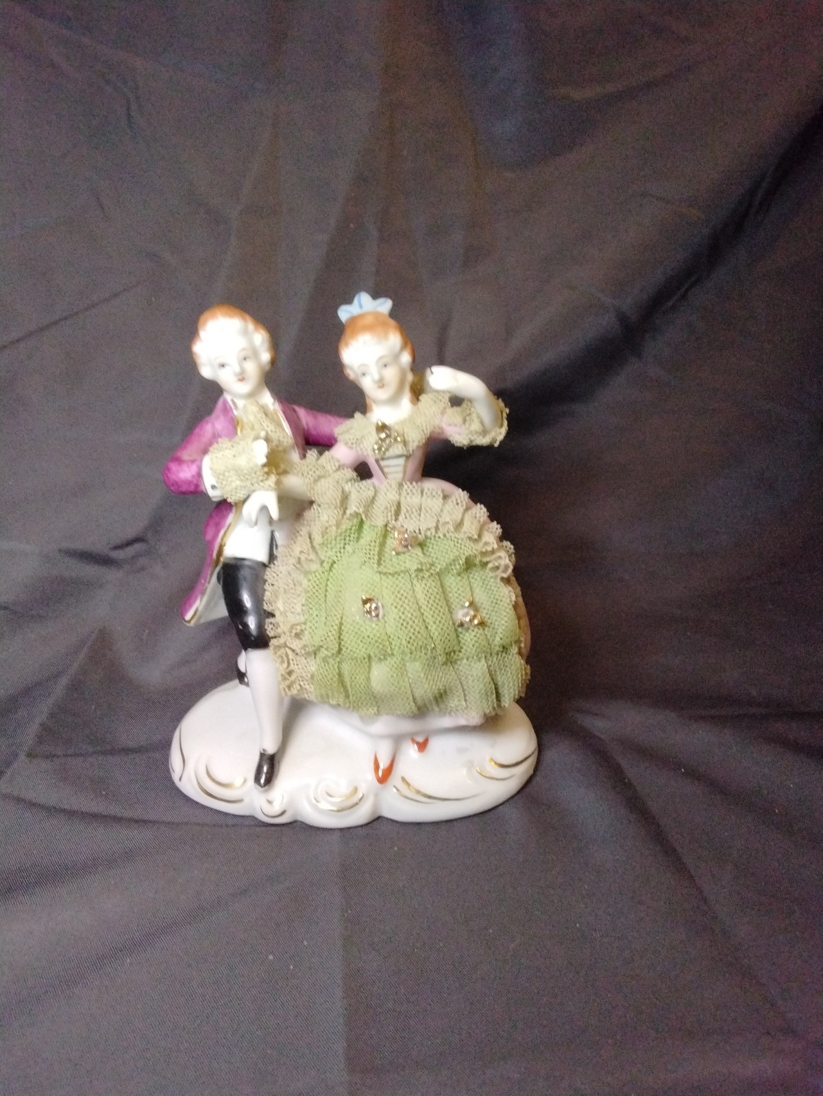 Vintage Dresden Style Porcelain Lace Figurine Courting Dancing Couple Rococo...