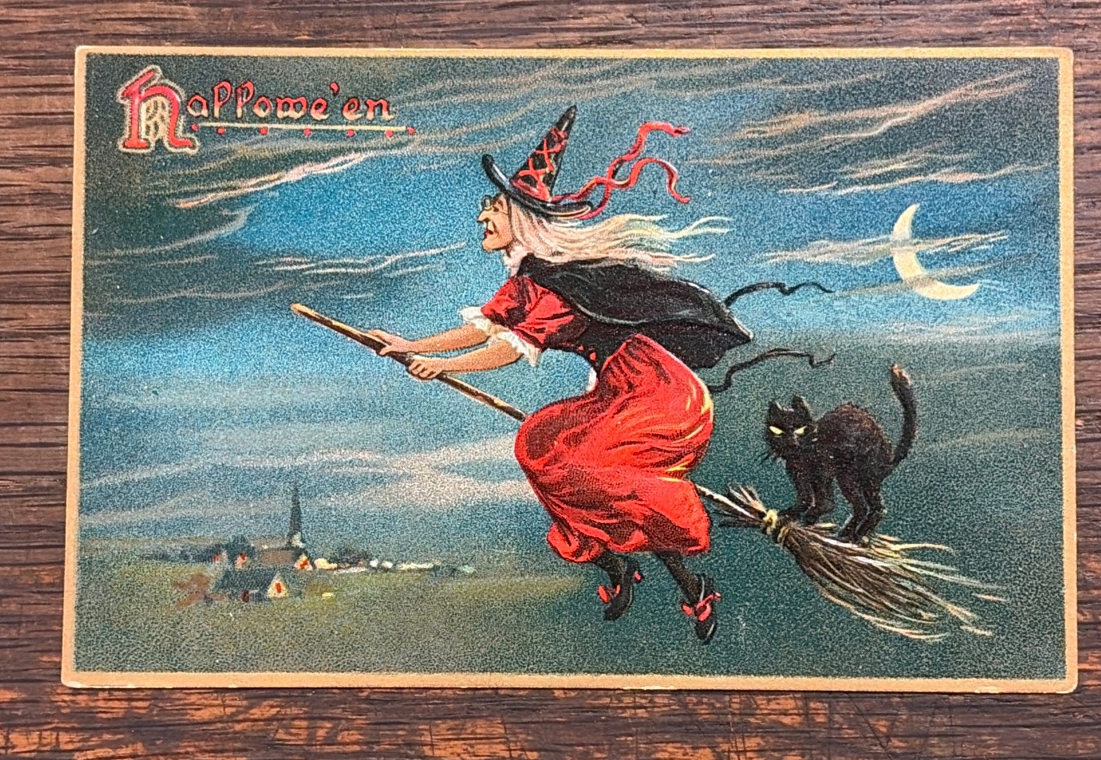 c1910's Halloween Witch And Black Cat Broomstick Crescent Moon Tuck Postcard