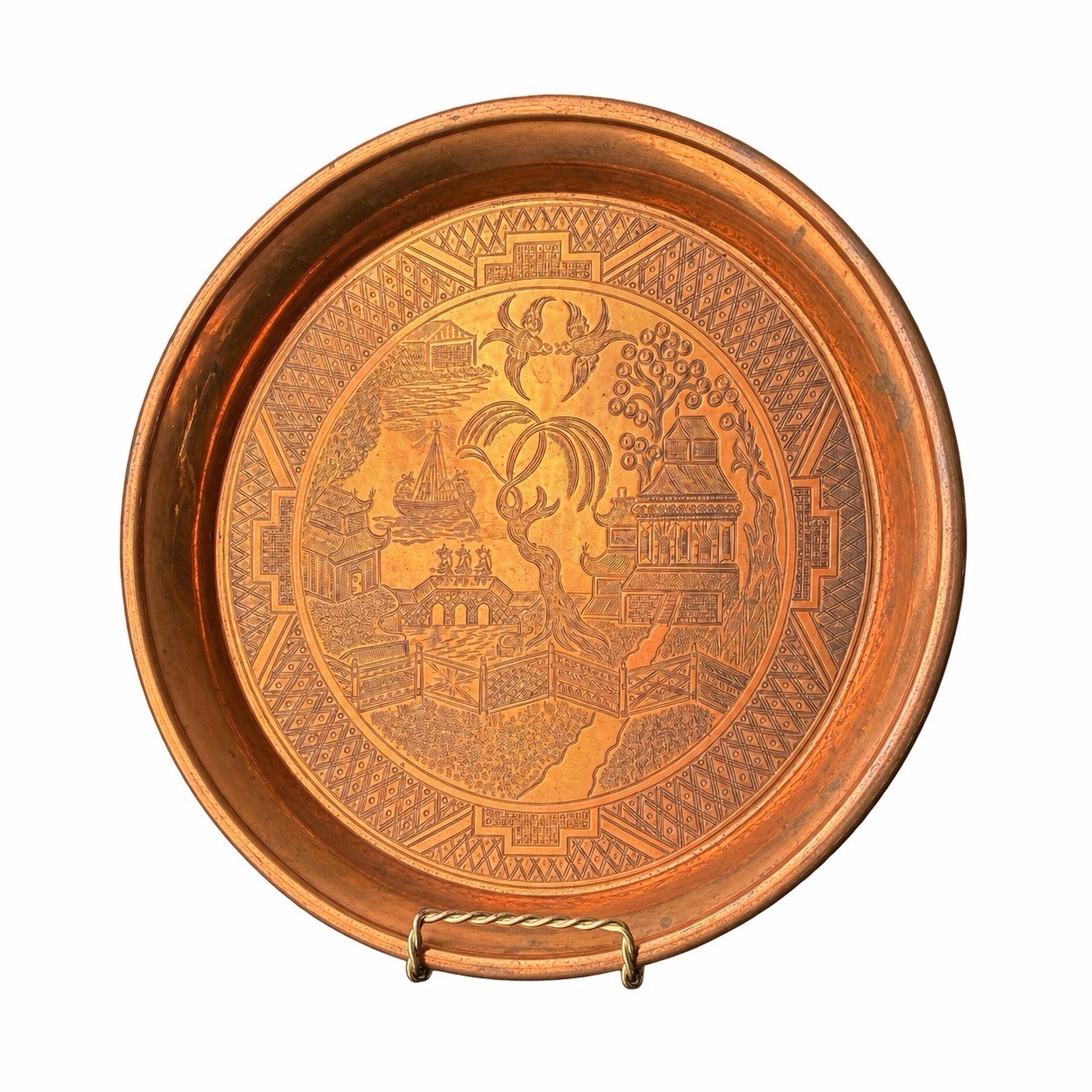 Vintage Etched Copper Tray Made in England Willow Pattern Serving Dish 10 5/8