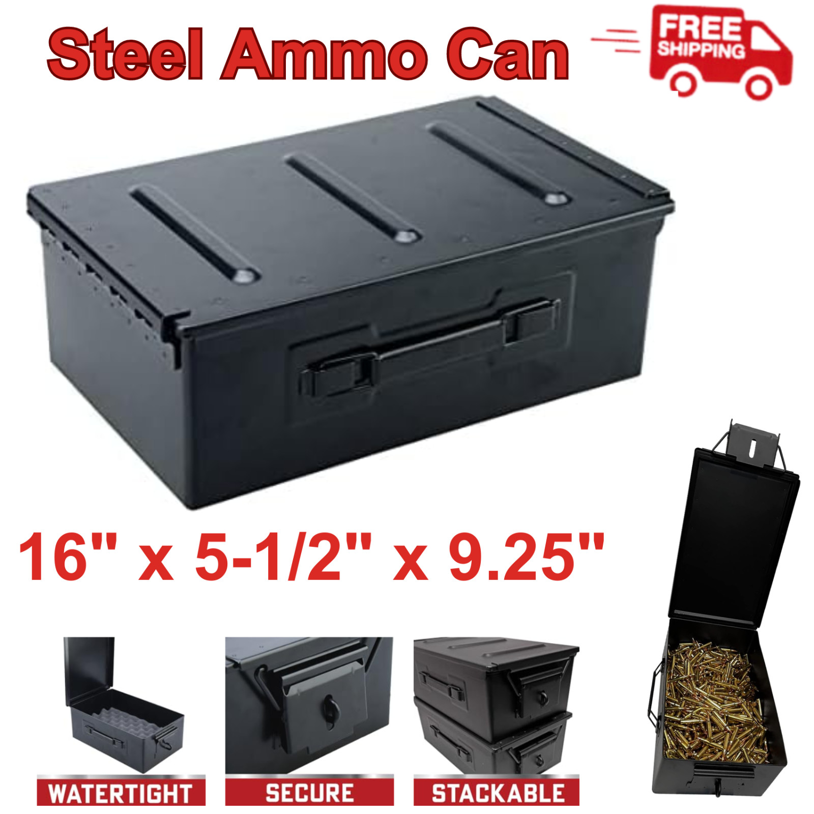 Heavy Duty Metal Ammo Can, Tactical Waterproof Lockable Ammo Crate, ( Black ) Heavy Duty Metal Ammo Can, Tactical Waterproof Lockable Ammo Crate, ( Black )