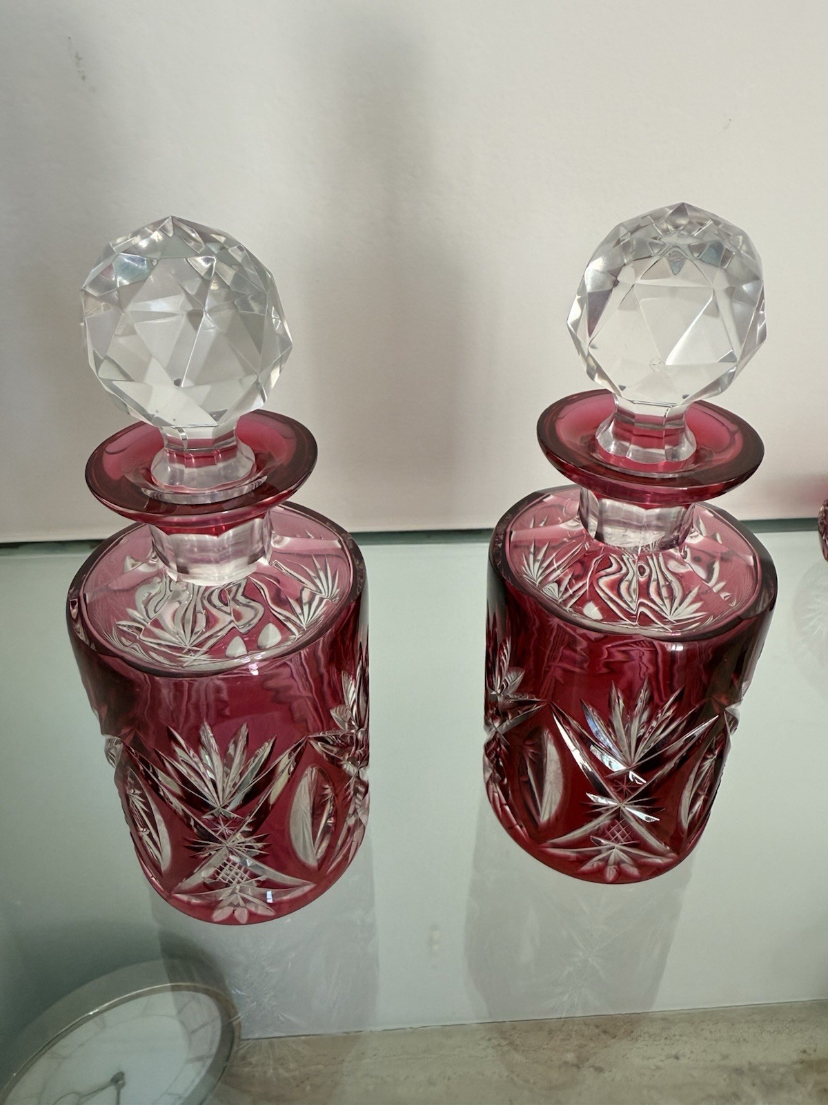 Val St.Lambert Cranberry Pink, Cut To Clear Etched Perfume Bottles Set Of Two Val St.Lambert Cranberry Pink, Cut To Clear Etched Perfume Bottles Set Of Two