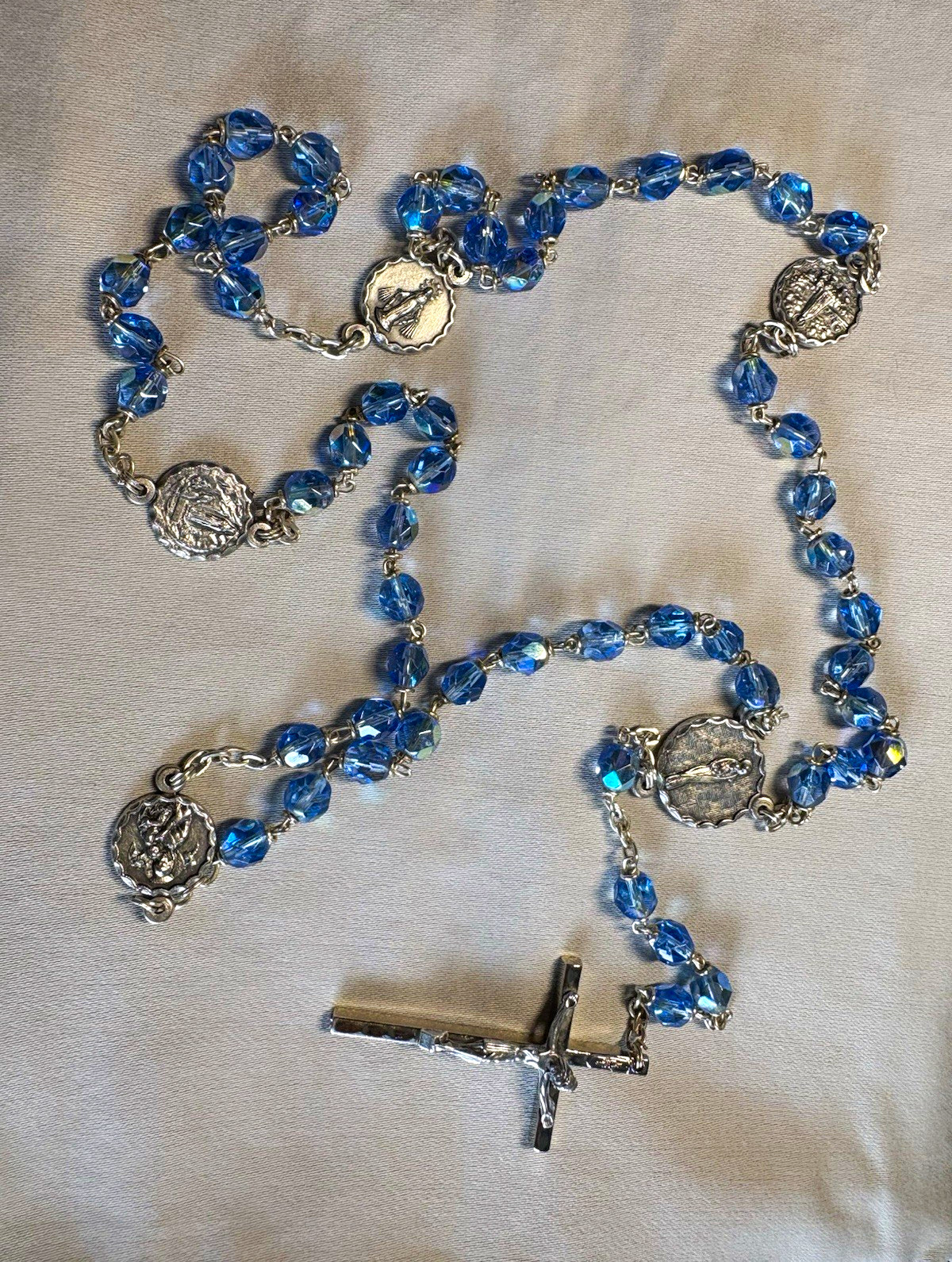 Vintage Italian Blue Glass Bead Christian Rosary w/ Crucifix & Marian Medals Vintage Italian Blue Glass Bead Christian Rosary w/ Crucifix & Marian Medals
