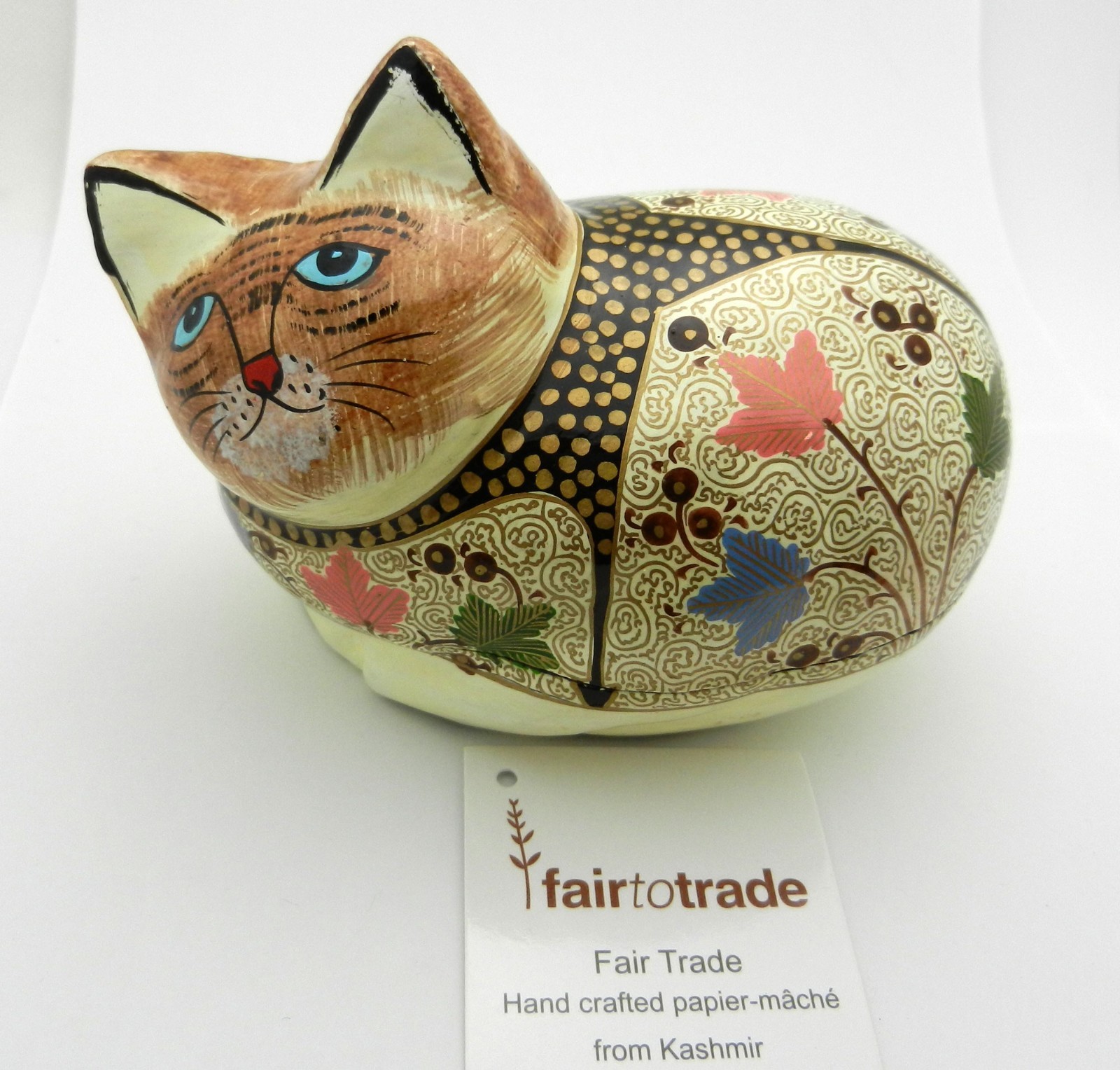 Vintage Cat Kitty Trinket Box Papier Mache Hand Painted Flower Pattern India