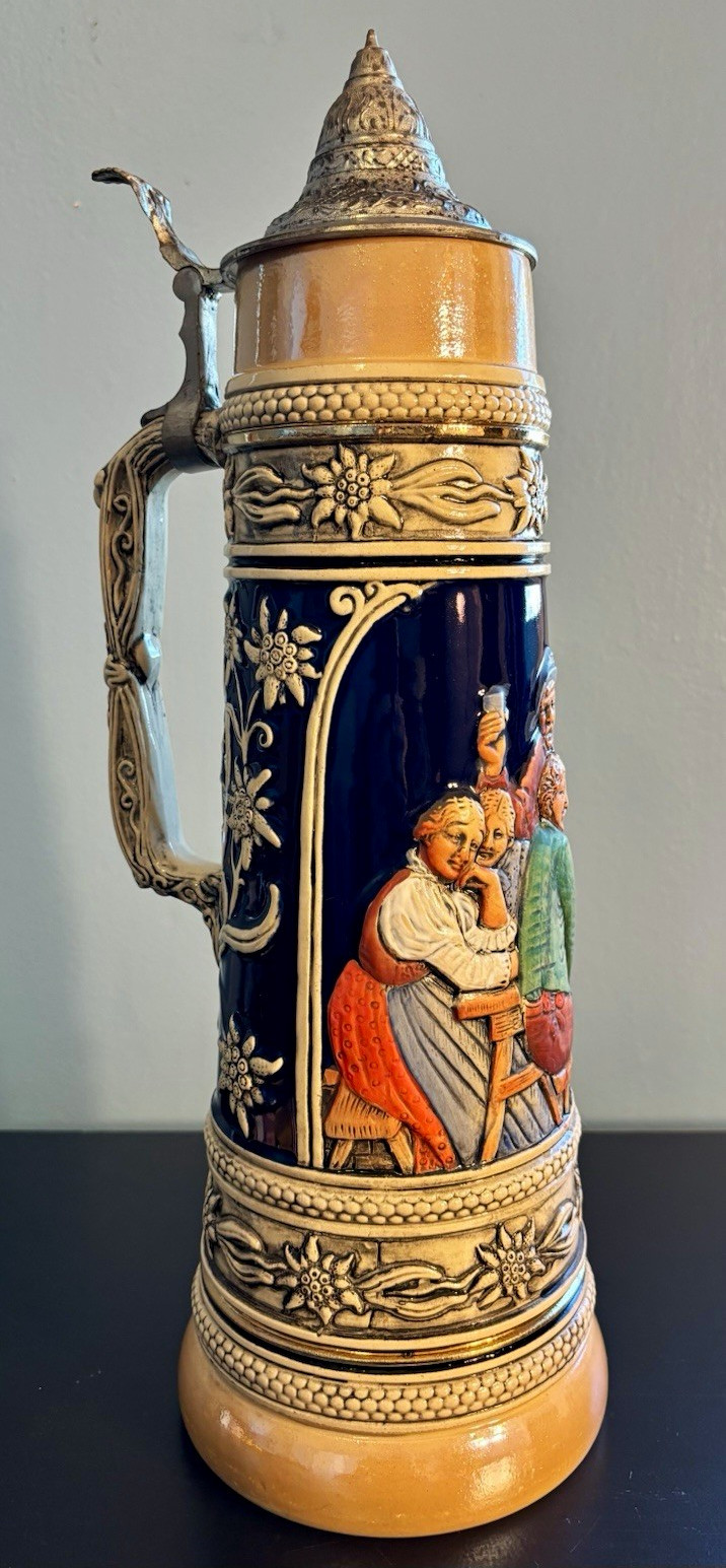Vintage Gerz West Germany 1-Lt Lidded Beer Stein–Traditional Tavern Scene EX/NM