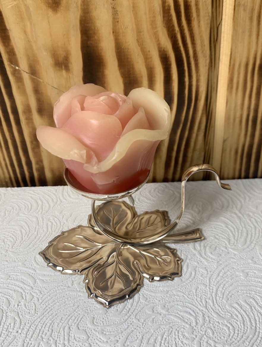 Vintage BMF West Germany Silverplated Brass Pink Rose Candle Holder 4 In