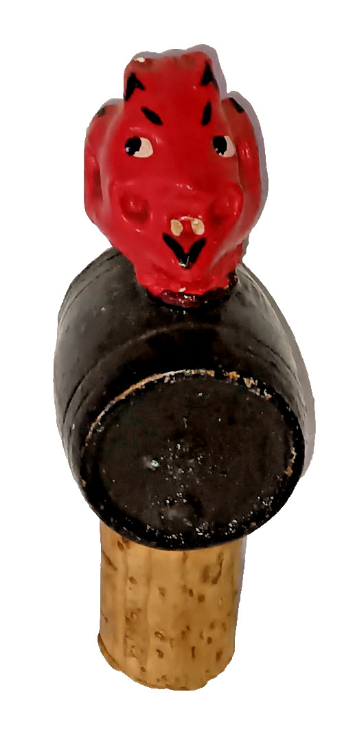 Vtg German? Folk Art Devil in Beer Barrel Bottle Cork Stopper Barware HALLOWEEN