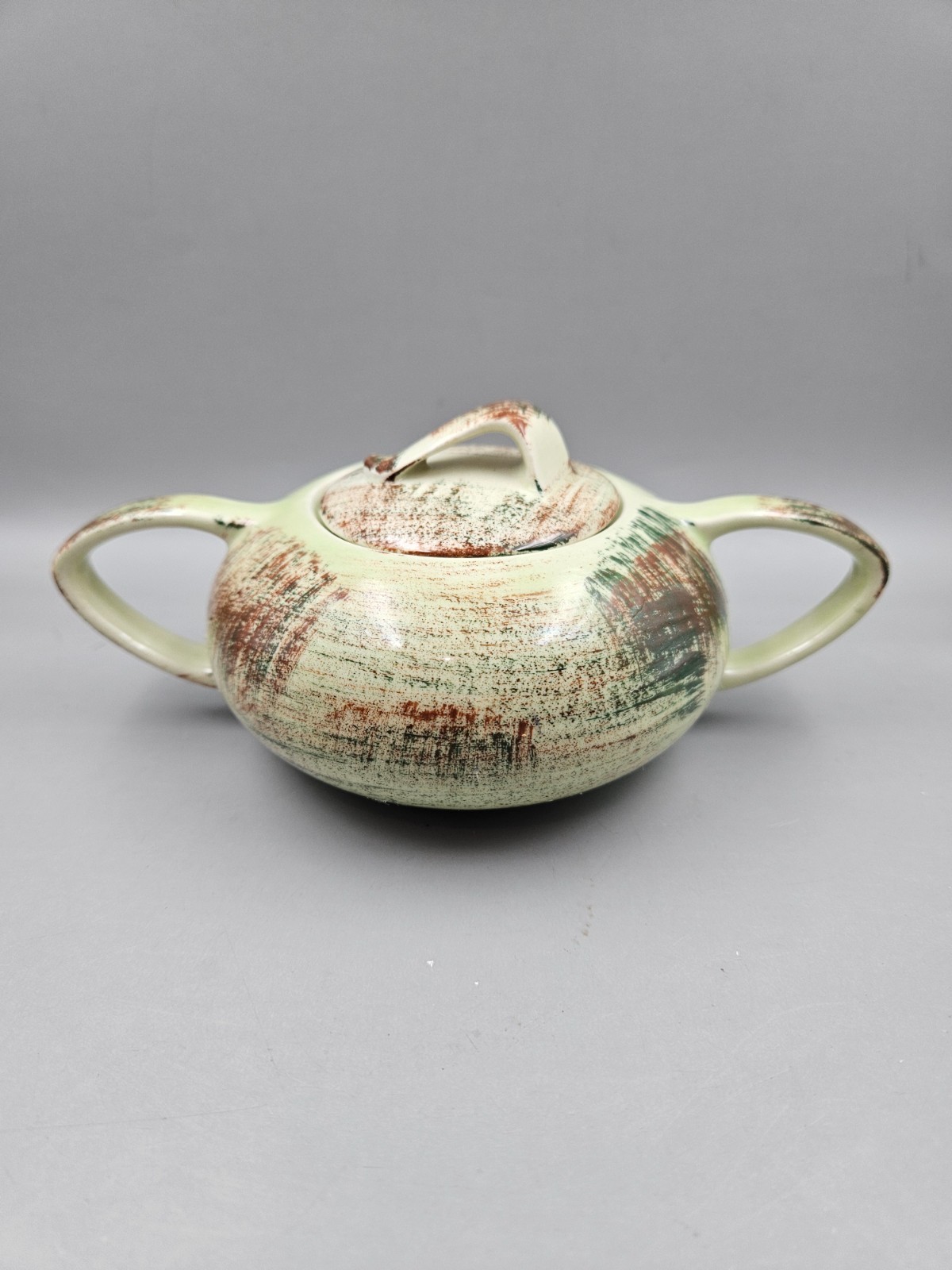 Vintage Authentic Vernonware California Pottery Green Raffia Sugar Bowl w/Lid
