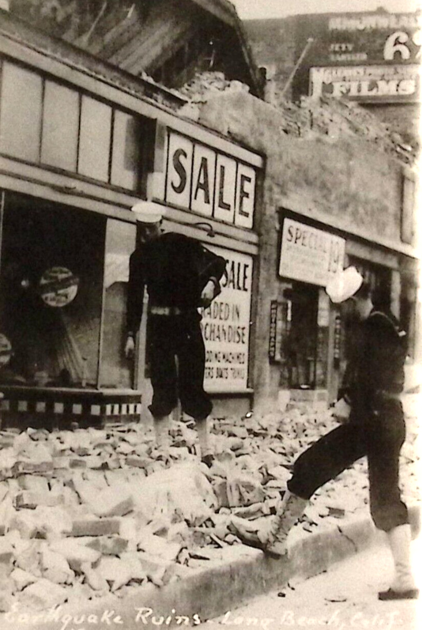 1933 Long Beach CA Earthquake Ruins RPPC USN Sailors Look in Store Window