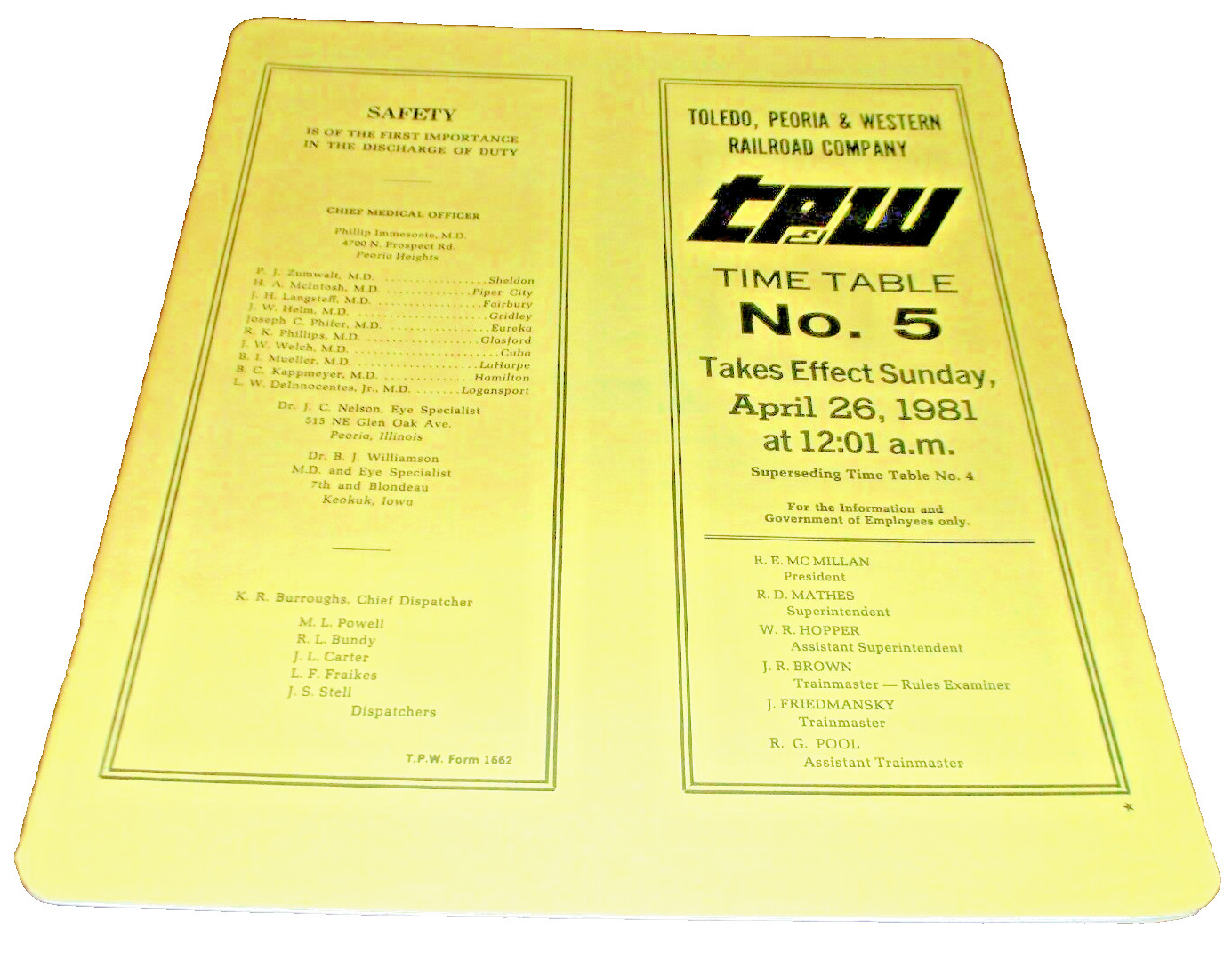 APRIL 1981 TP&W TOLEDO PEORIA & WESTERN EMPLOYEE TIMETABLE #5