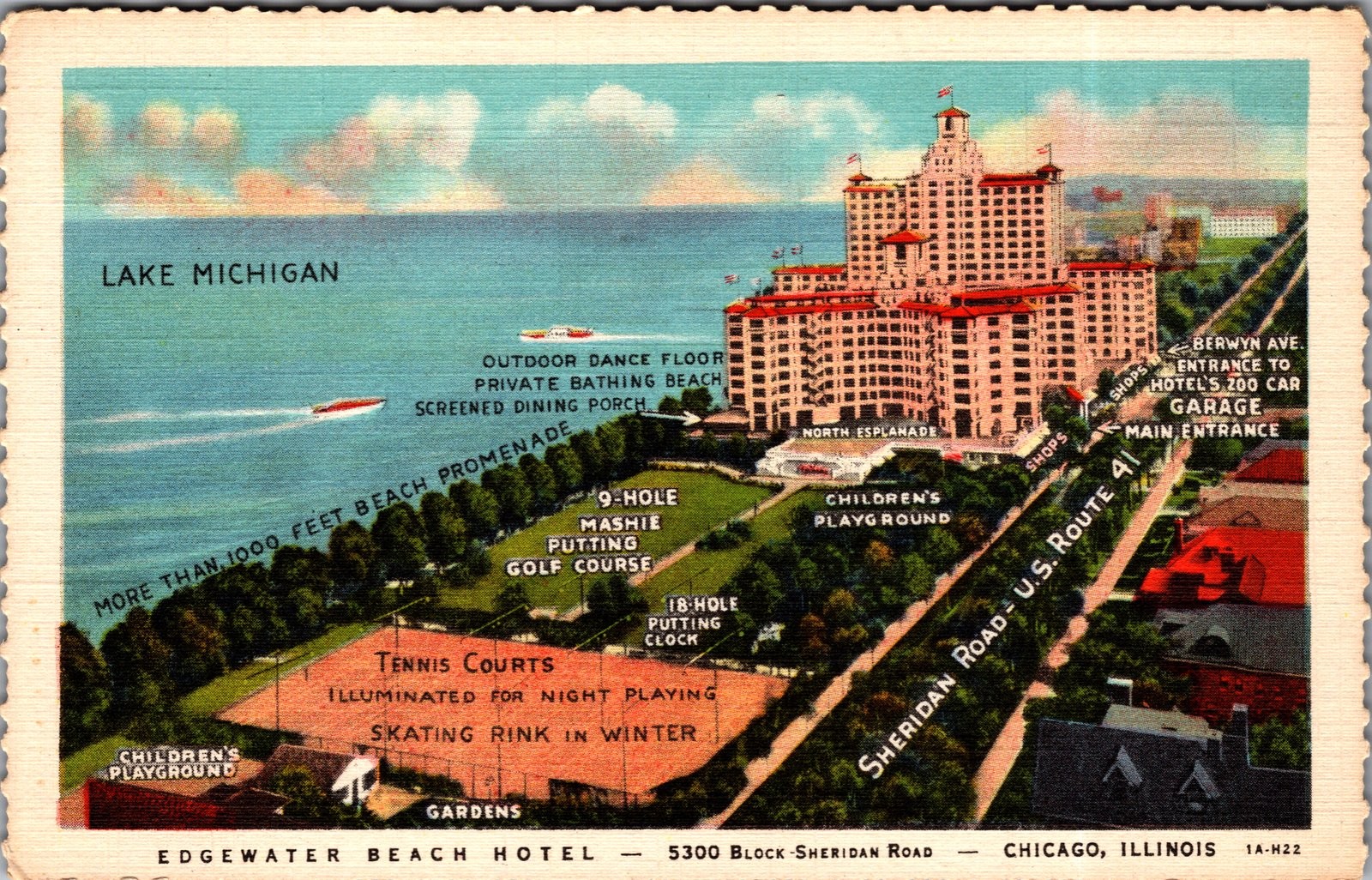 1941 Edgewater Beach Hotel Chicago IL Linen Postcard Lake Michigan